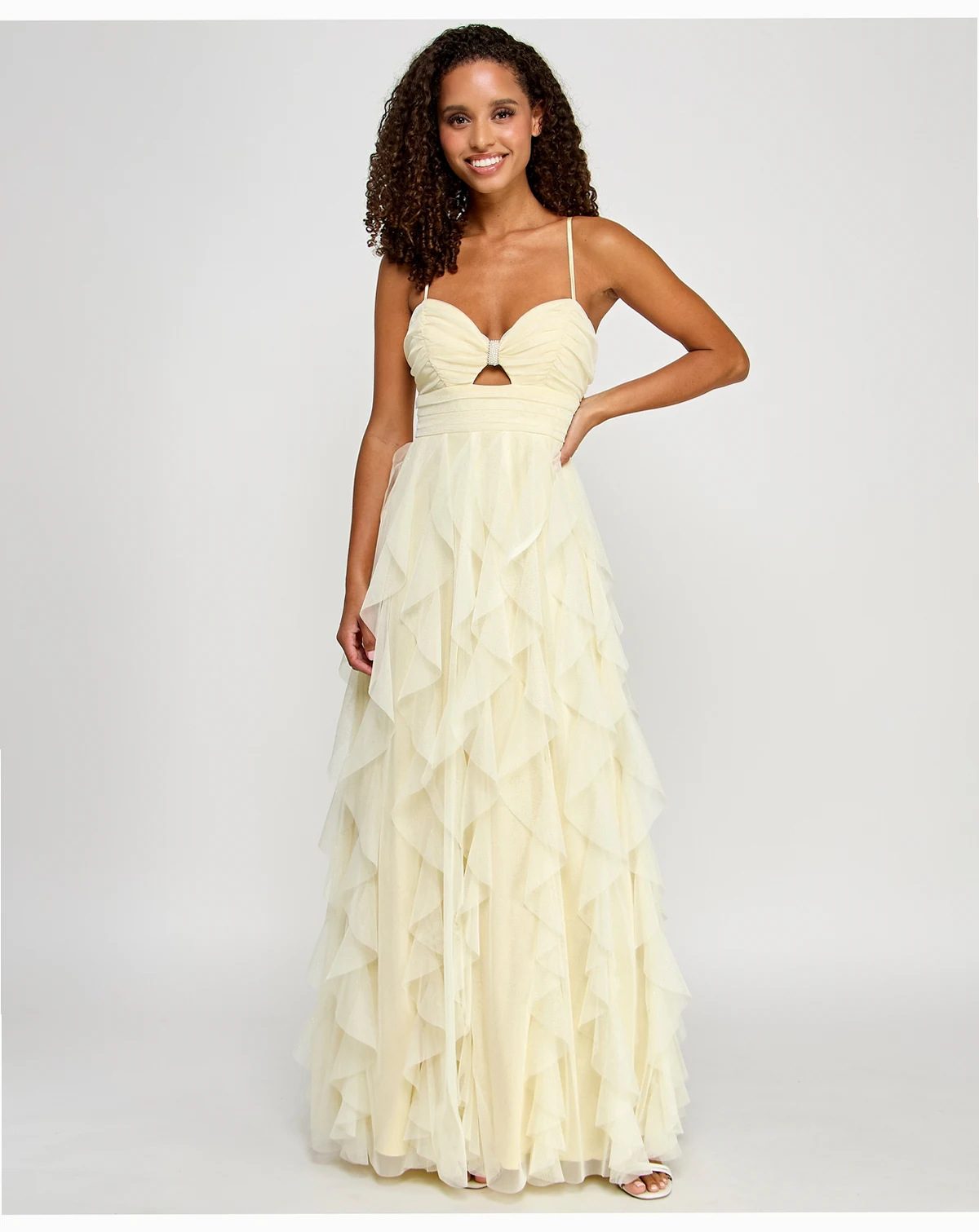 Juniors' Strappy Mesh Petal Ball Gown