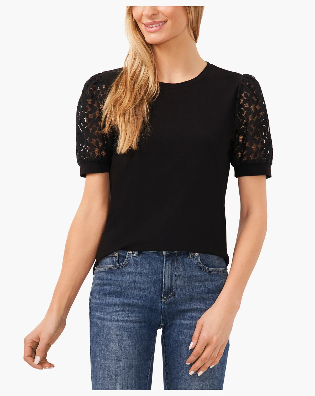 Women's Crochet Puff Sleeve Mix Media Knit Top
