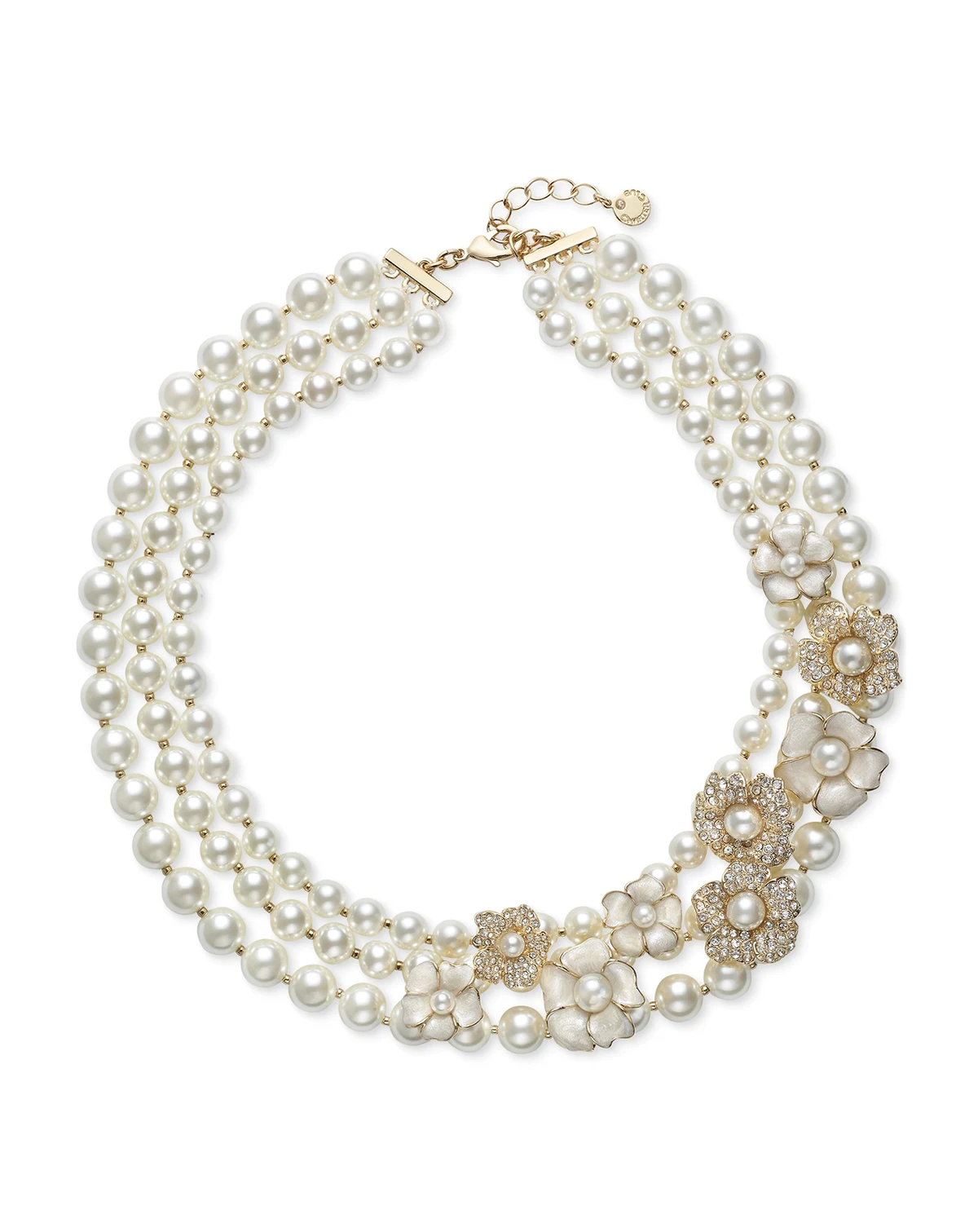 Gold-Tone Imitation Pearl & Crystal Flower Layered Beaded Necklace, 19" + 2" extender, Created for Macy's