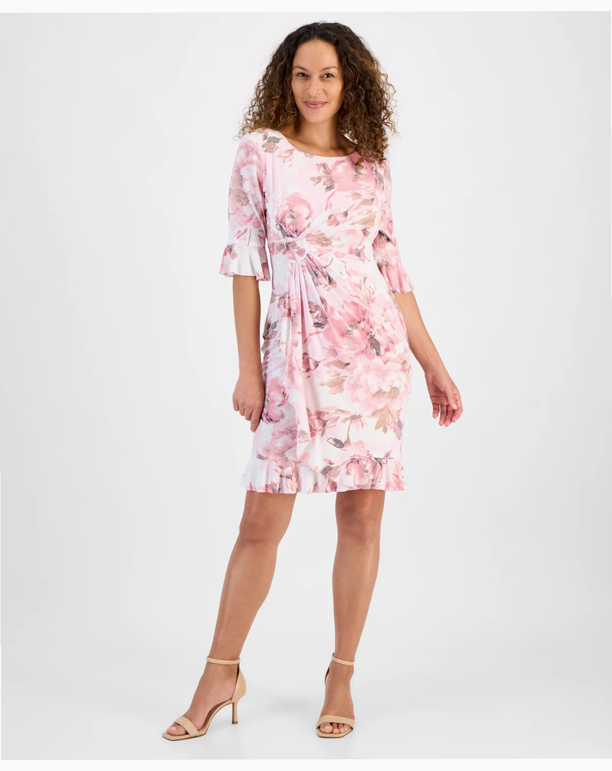 Petite Floral 3/4-Sleeve Ruffle-Hem Dress