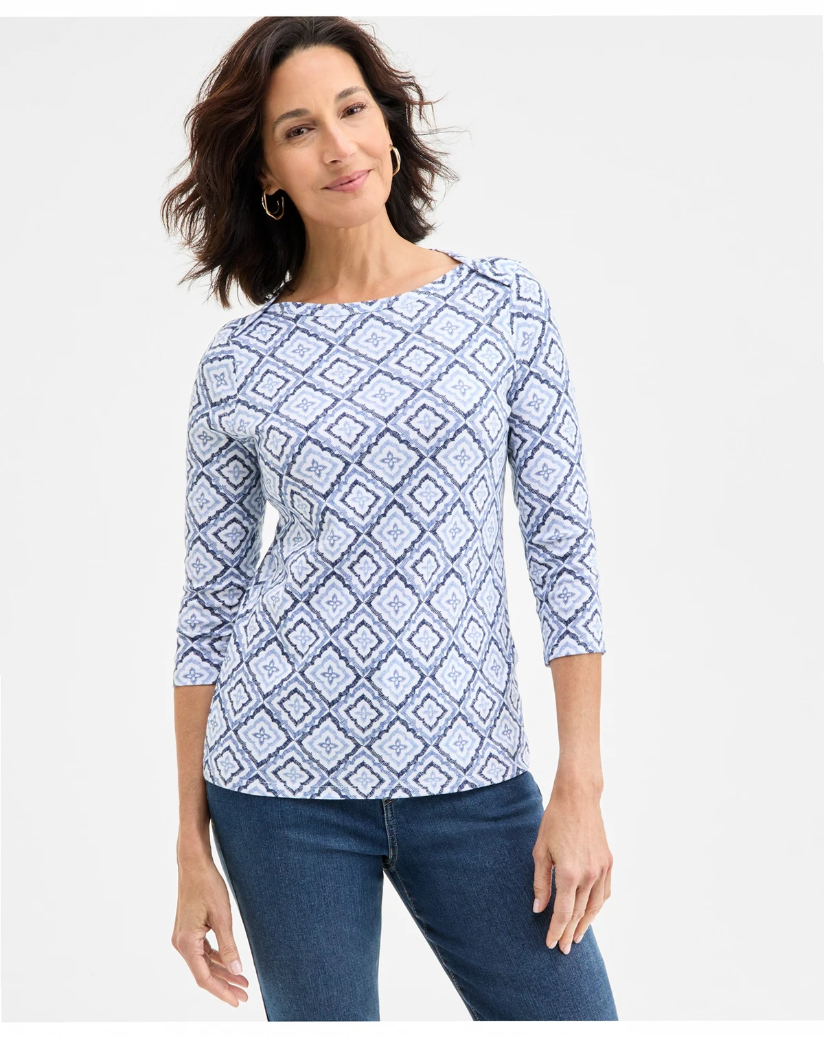 Women's Printed Cotton 3/4-Sleeve Top, Exclusively at Macy's
