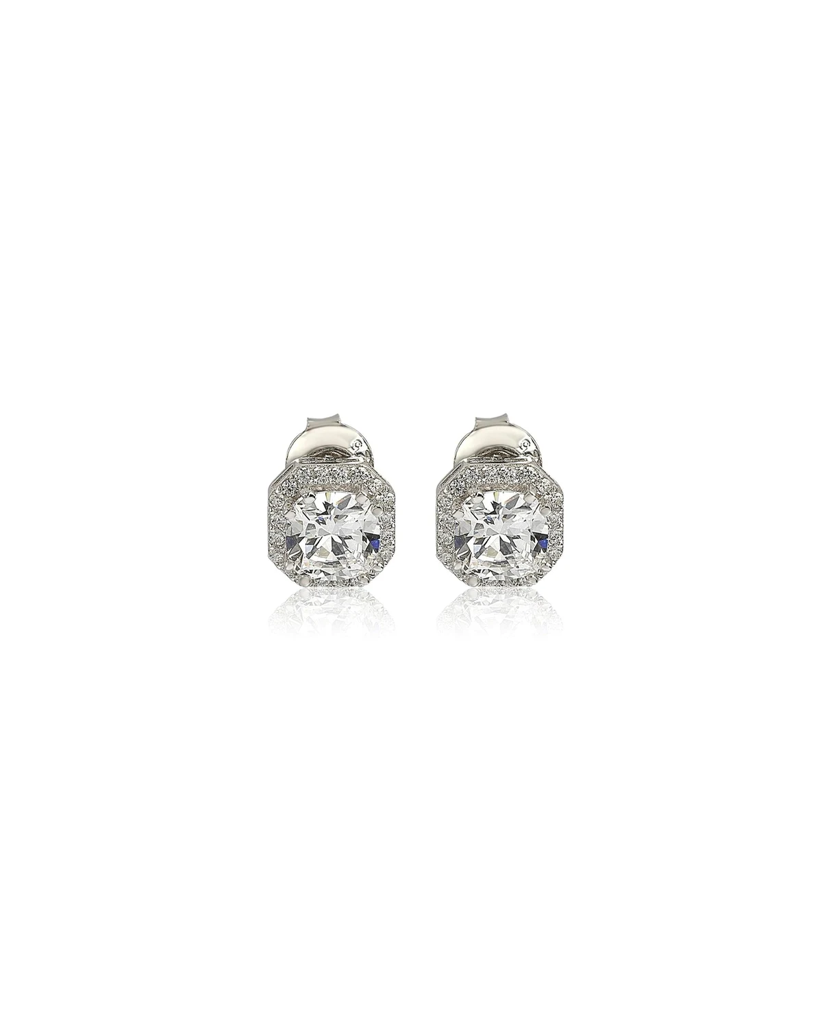 Suzy Levian Sterling Silver Cubic Zirconia Art-Deco Halo Cushion Stud Earrings