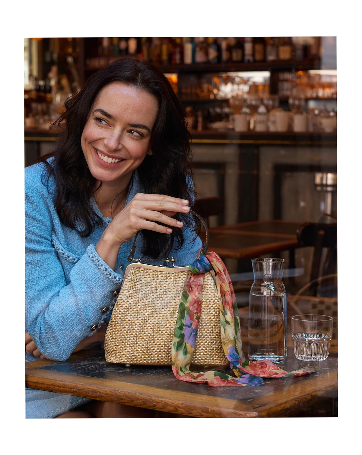 Laureana Small Straw Frame Crossbody Bag with Scarf