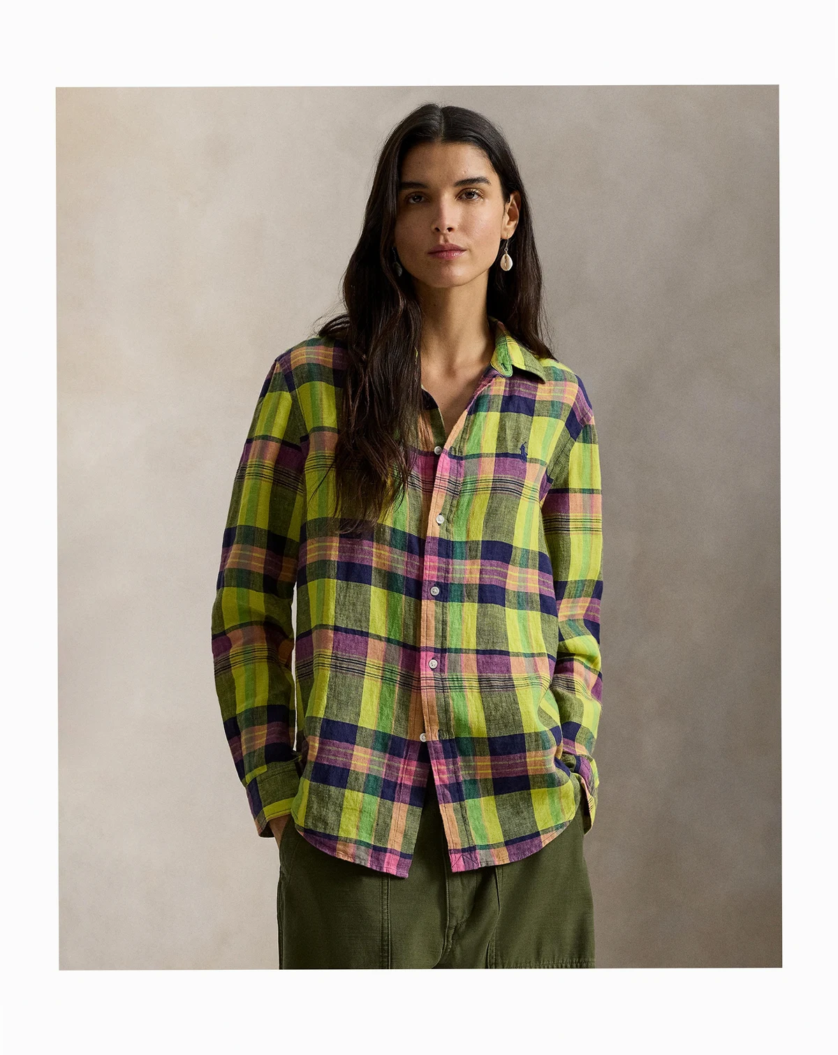 Women's Classic Fit Plaid Point Collar Linen Shirt