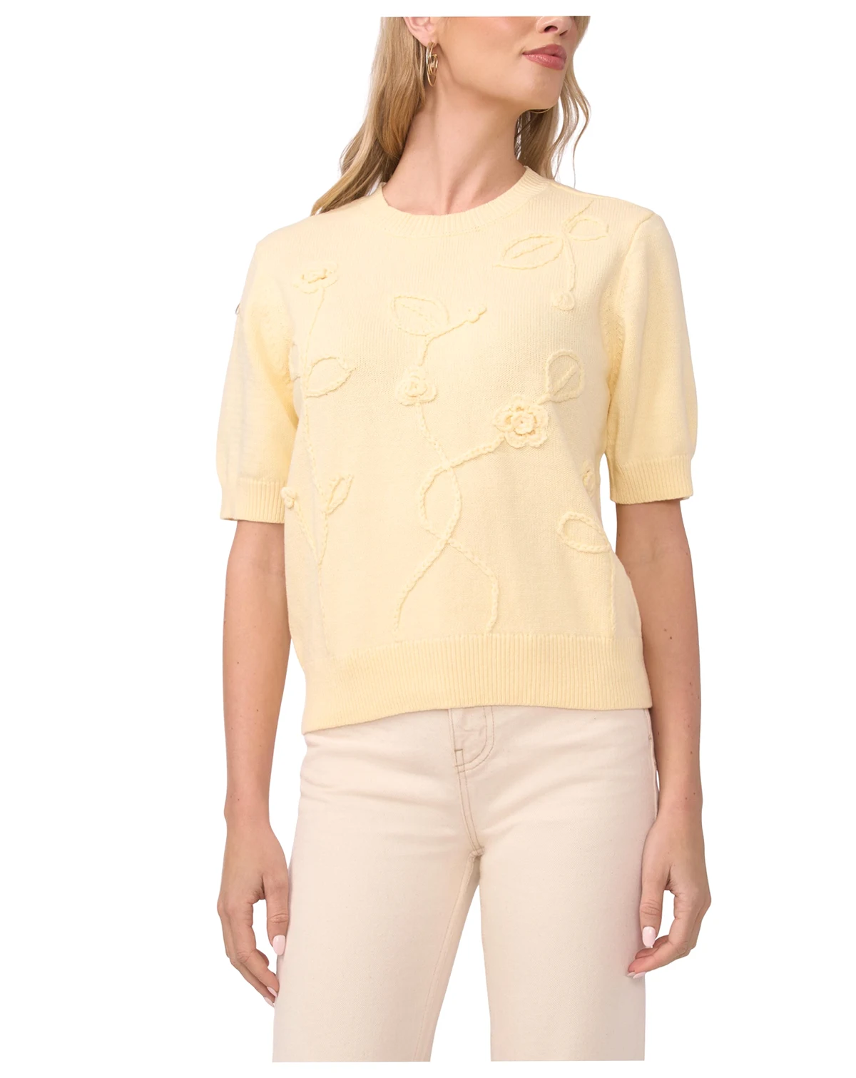 Women's Short-Sleeve Floral Applique Sweater