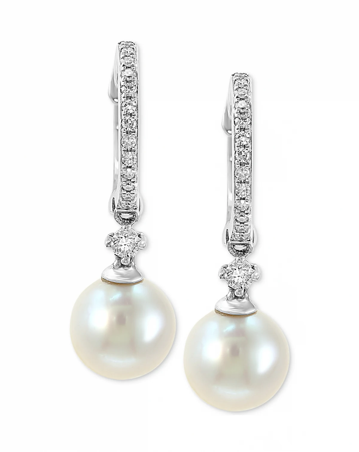 EFFY® Cultured Freshwater Pearl (7mm) & Diamond (1/6 ct. t.w.) Hoop Drop Earrings in 14k White Gold