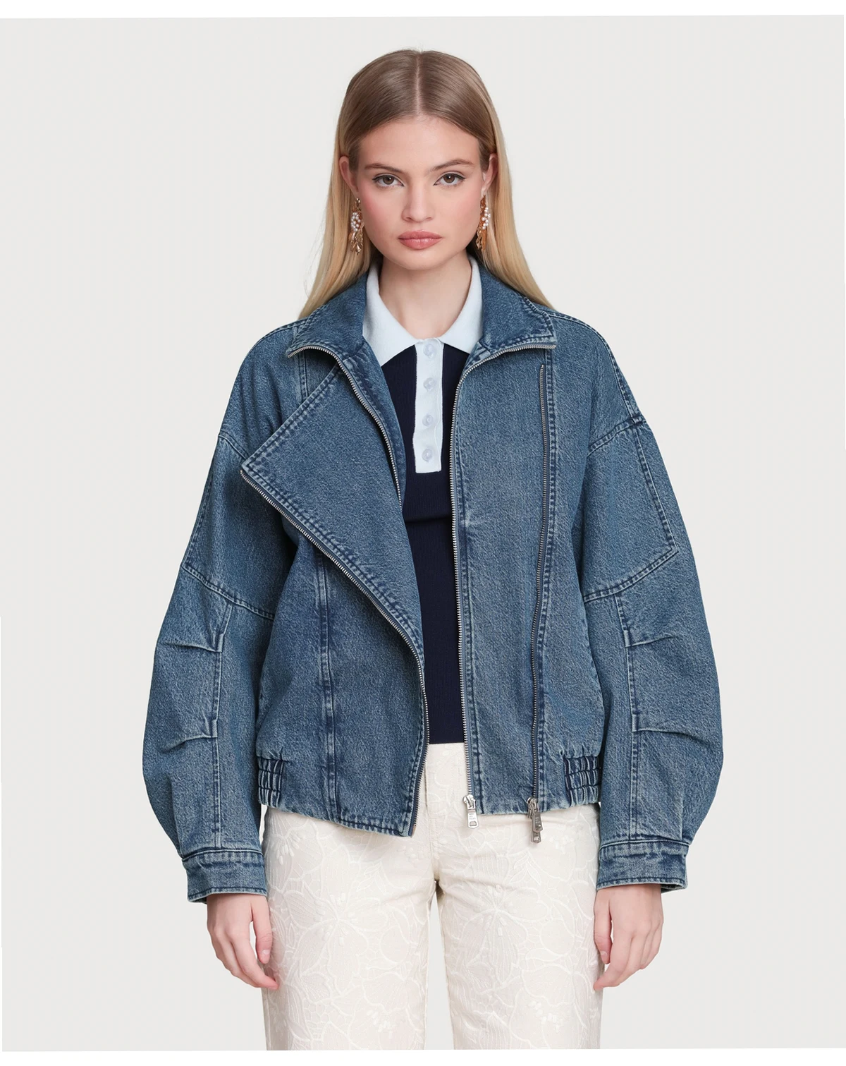 Women's Washed Denim Asymmetric Bomber Jacket
