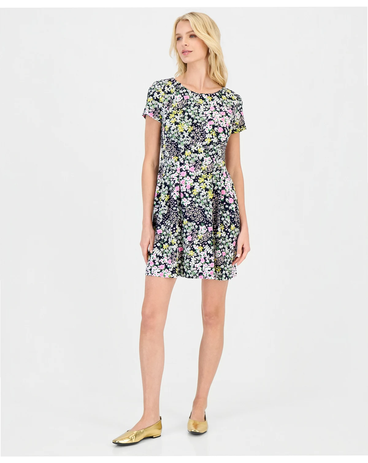 Petite Floral-Print Pintuck Short-Sleeve Dress