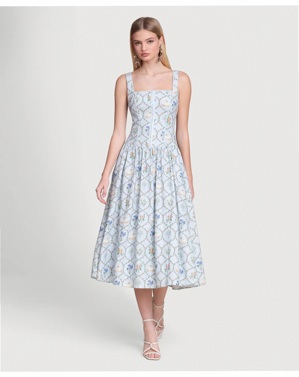 Women's Floral Lattice Linen Blend Midi Dress