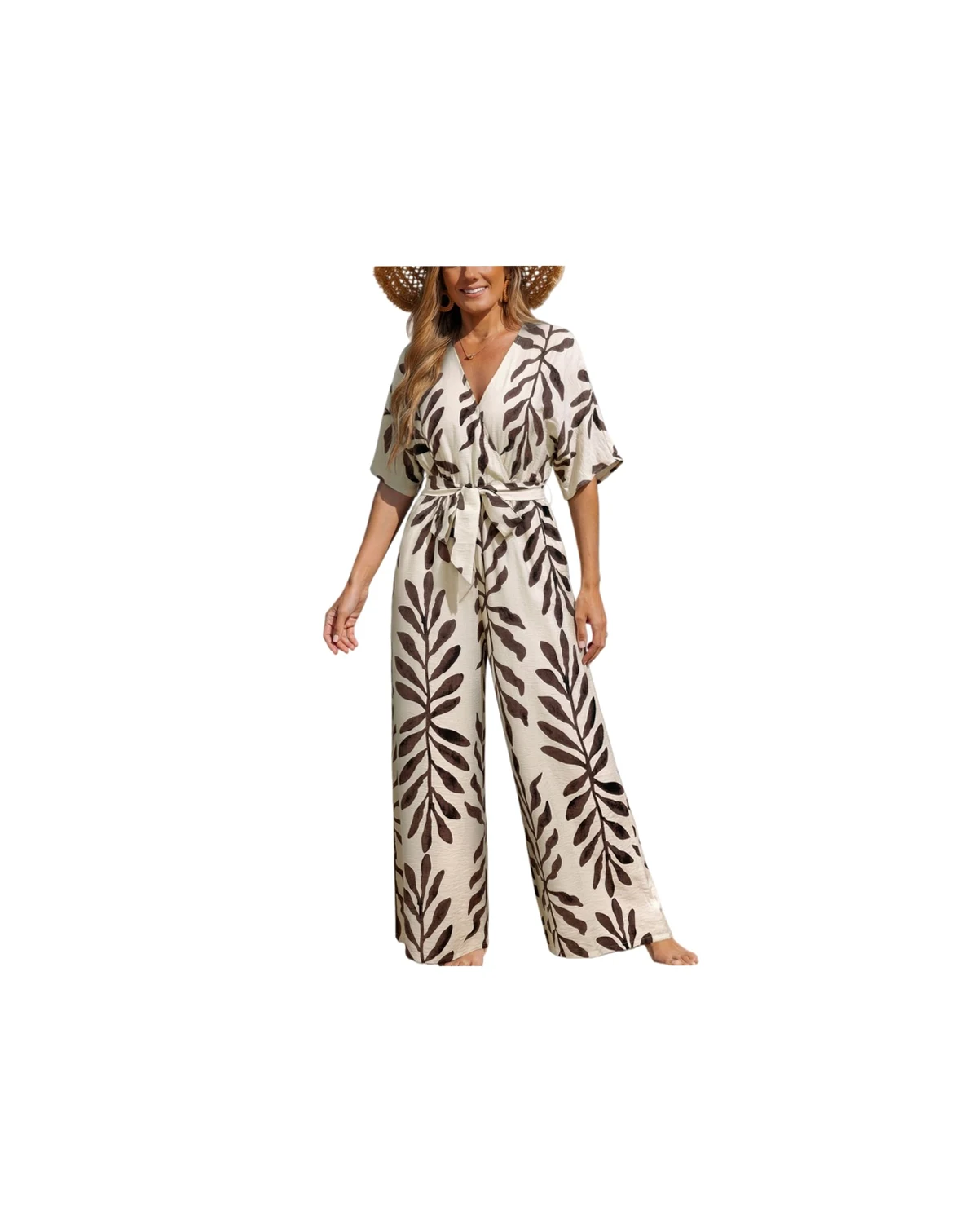 Women's Floral Print V-Necktie Front Jumpsuit