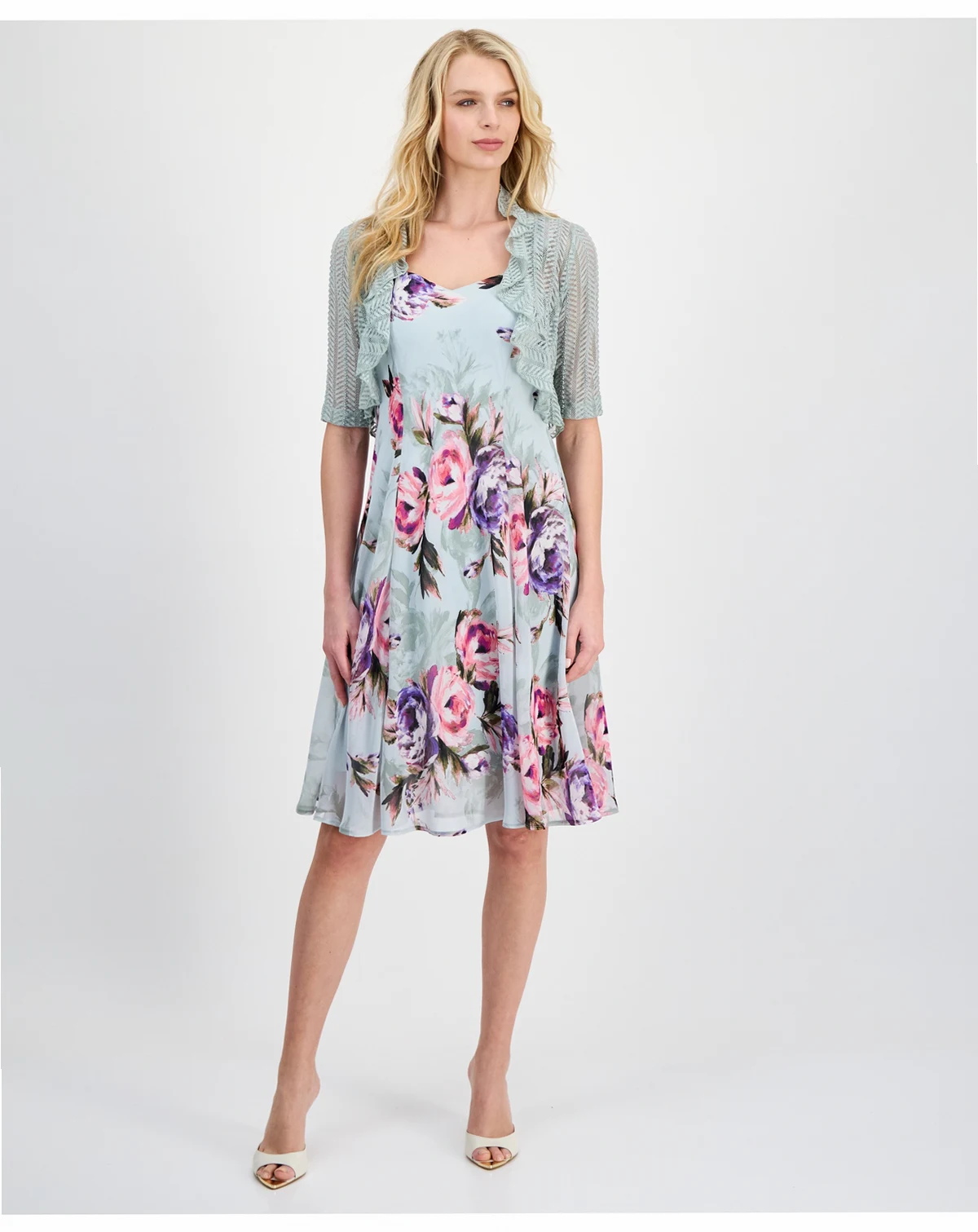 Women's 2-Pc. Floral Chiffon Sleeveless Dress and Ruffle-Front Jacket