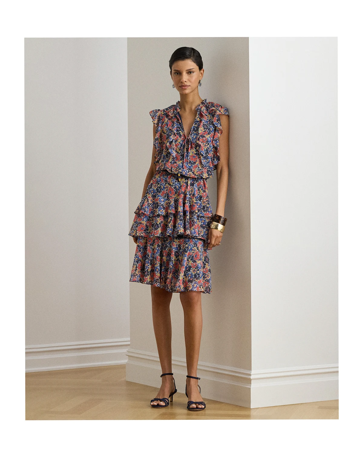 Women's Floral Ruffle Trim Split Neck Dress
