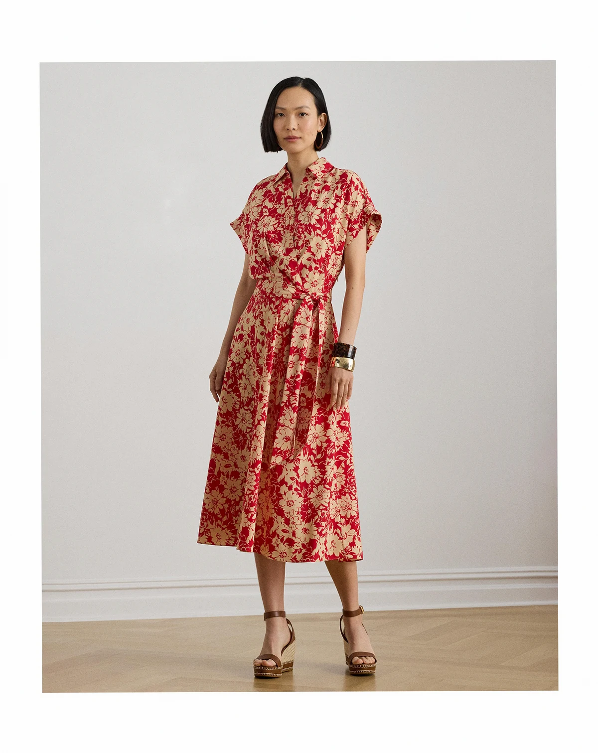 Women's Floral Belted Spread Collar Dress