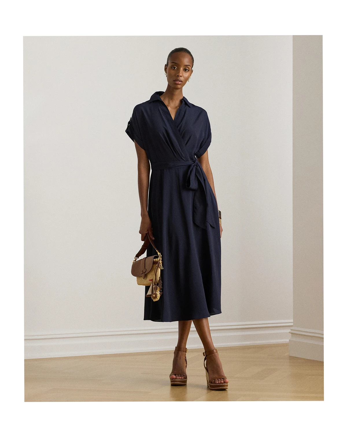 Women's Belted Crepe Surplice Neck Dress