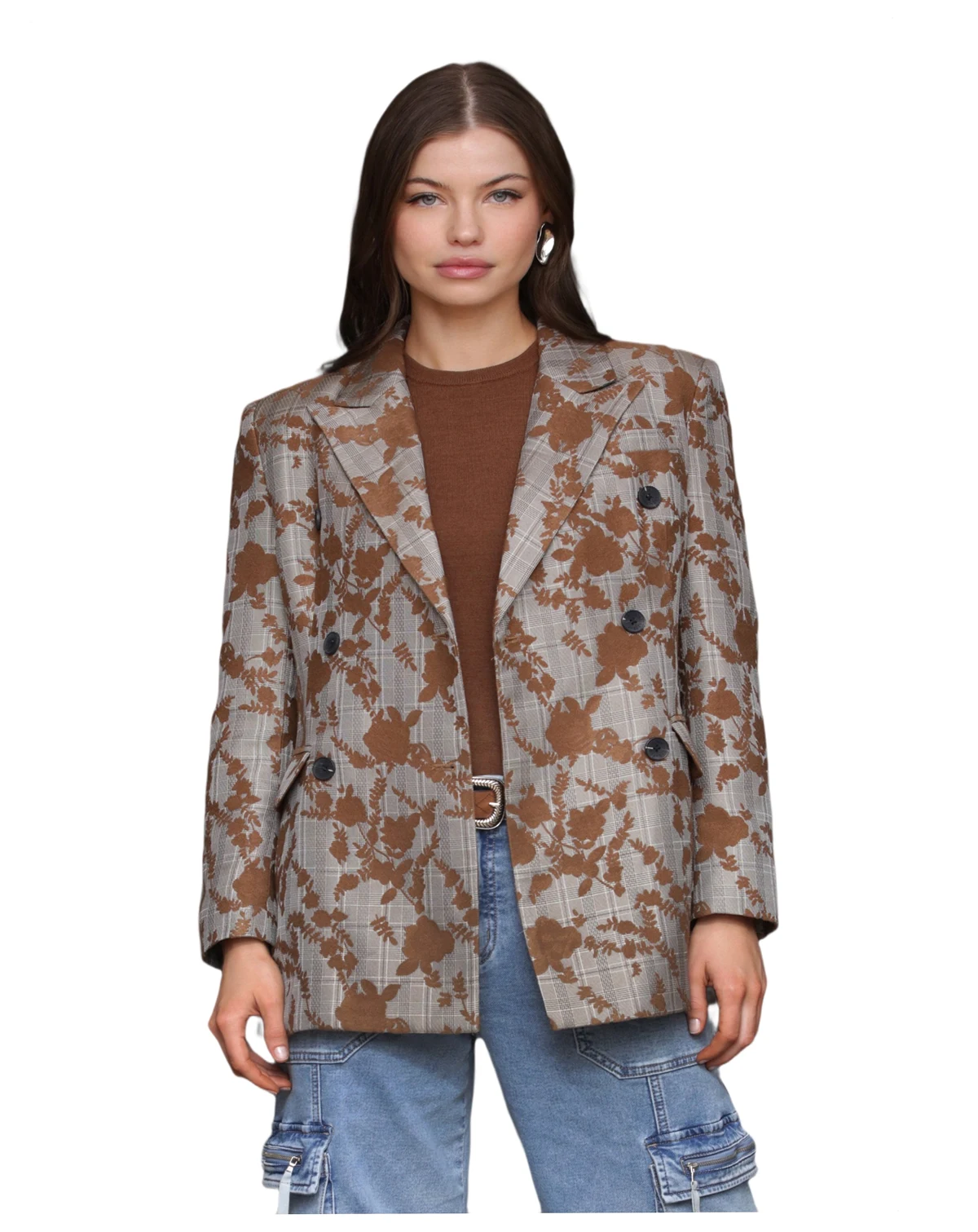 Women's Long Sleeves Plaid Floral Blazer