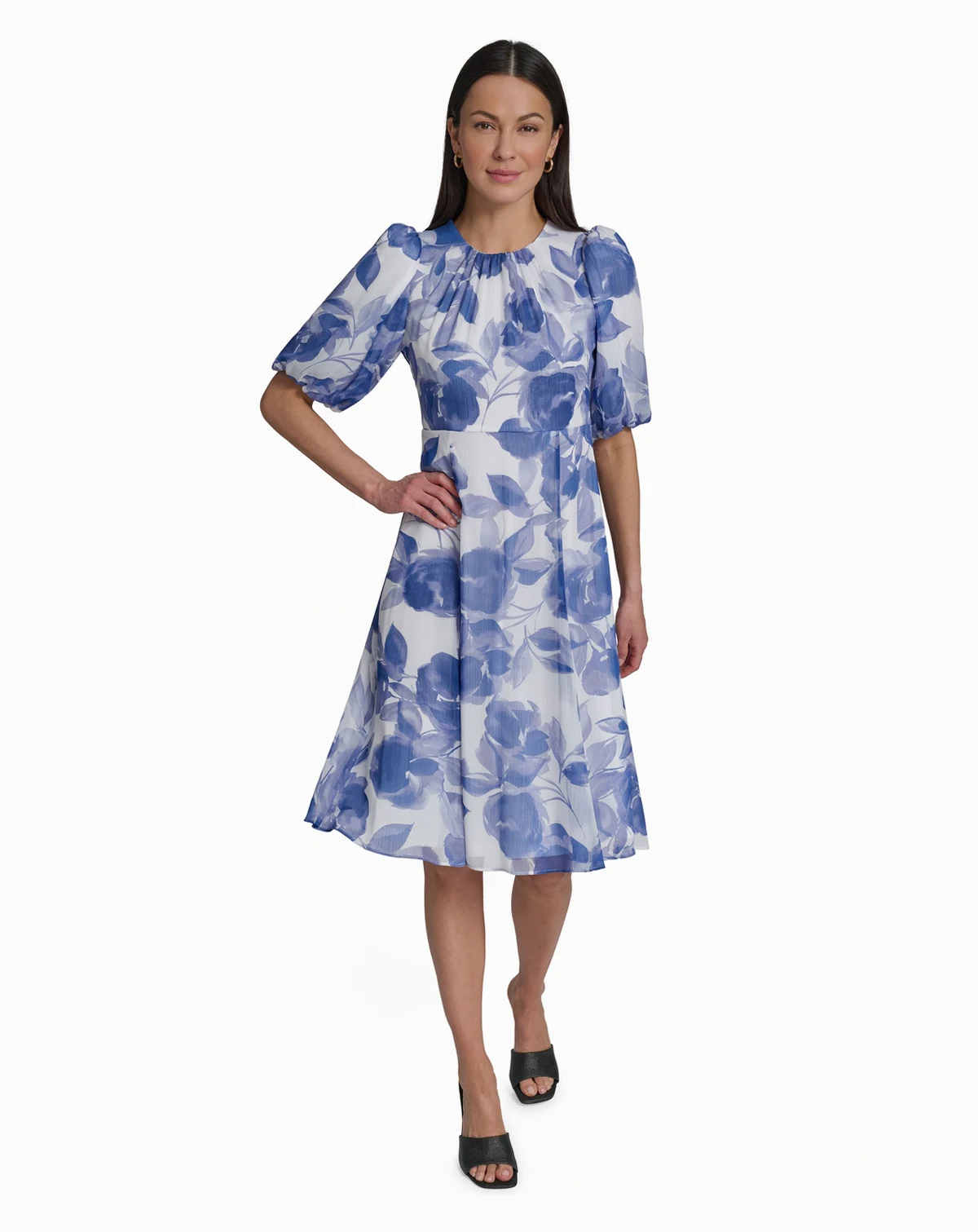 Women's Floral Puff-Sleeve Crewneck Midi Dress