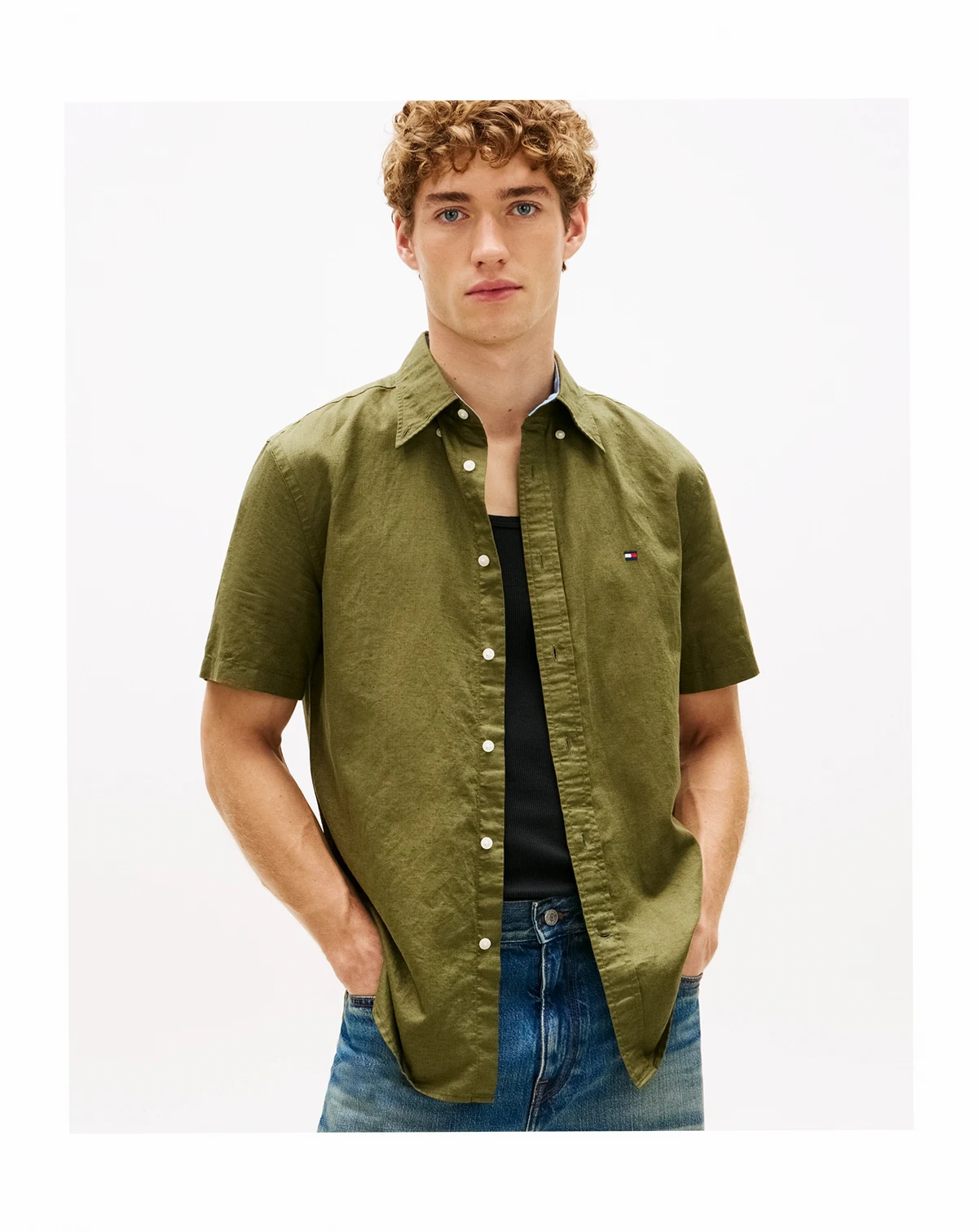 Men's Short-Sleeve Pigment-Dyed Linen Button-Front Shirt