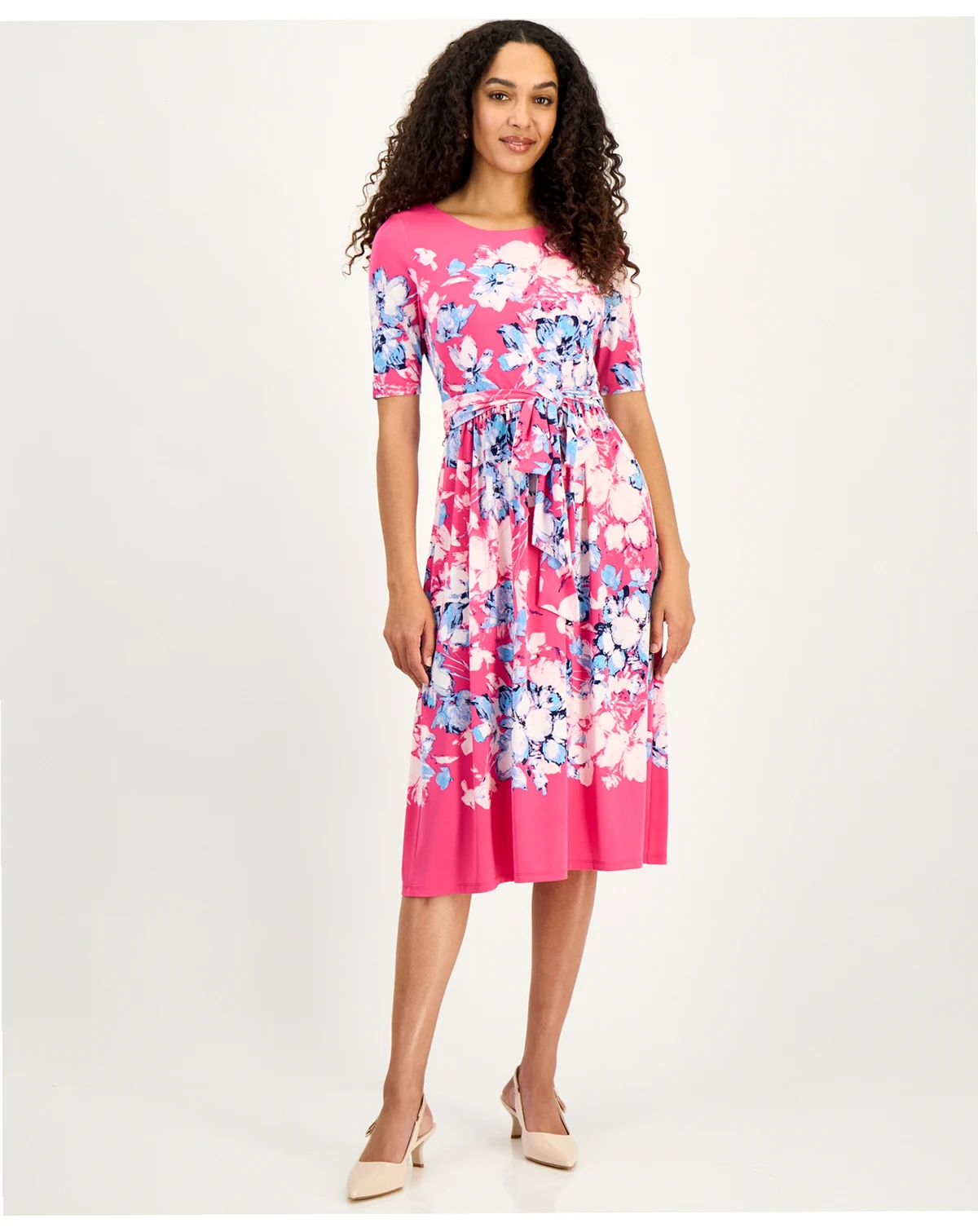 Women's Printed Tie-Waist Midi Dress, Regular & Petite
