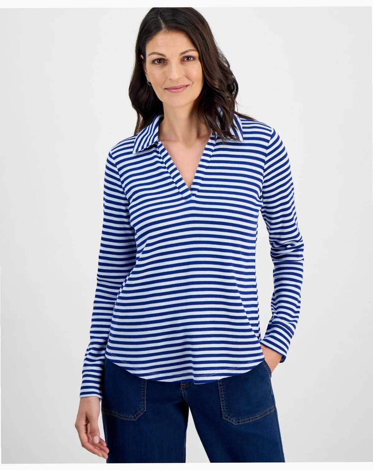 Women's Striped Waffle-Knit Collared Top, Macy's Exclusive