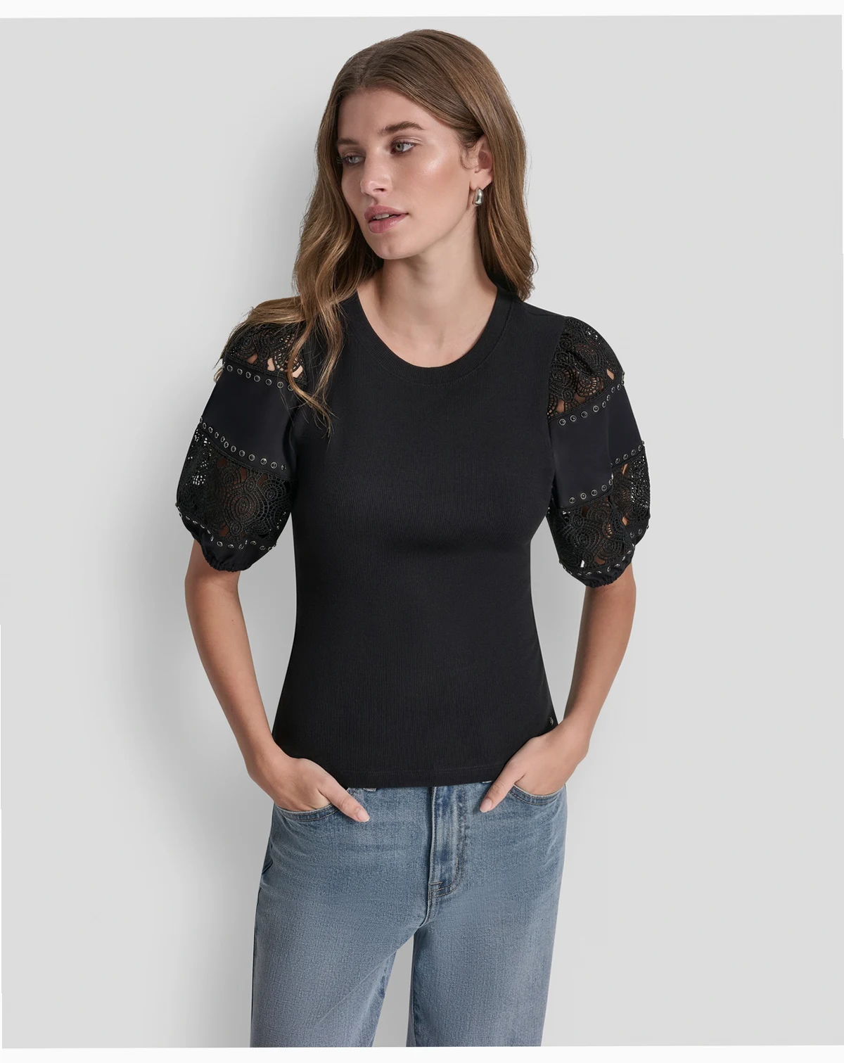 Women's Crew Neck Lace Eyelet Pull-On Top