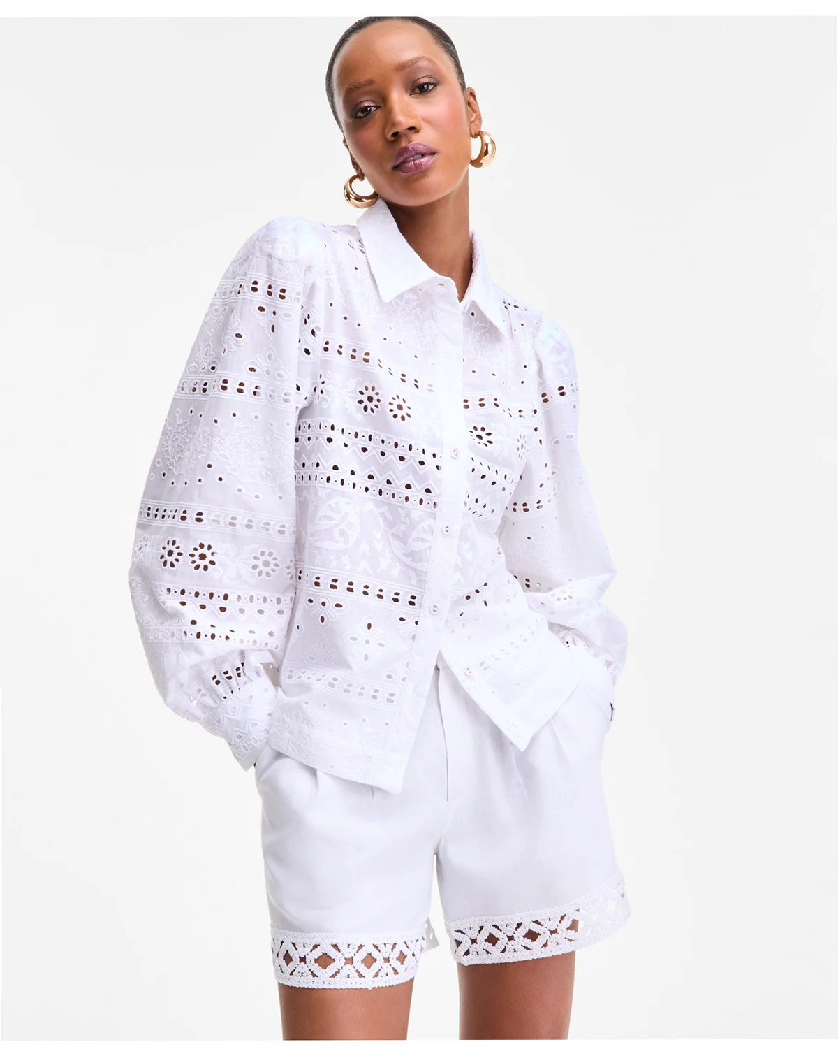 Women's Cotton Eyelet Blouson-Sleeve Blouse, Exclusively at Macy's