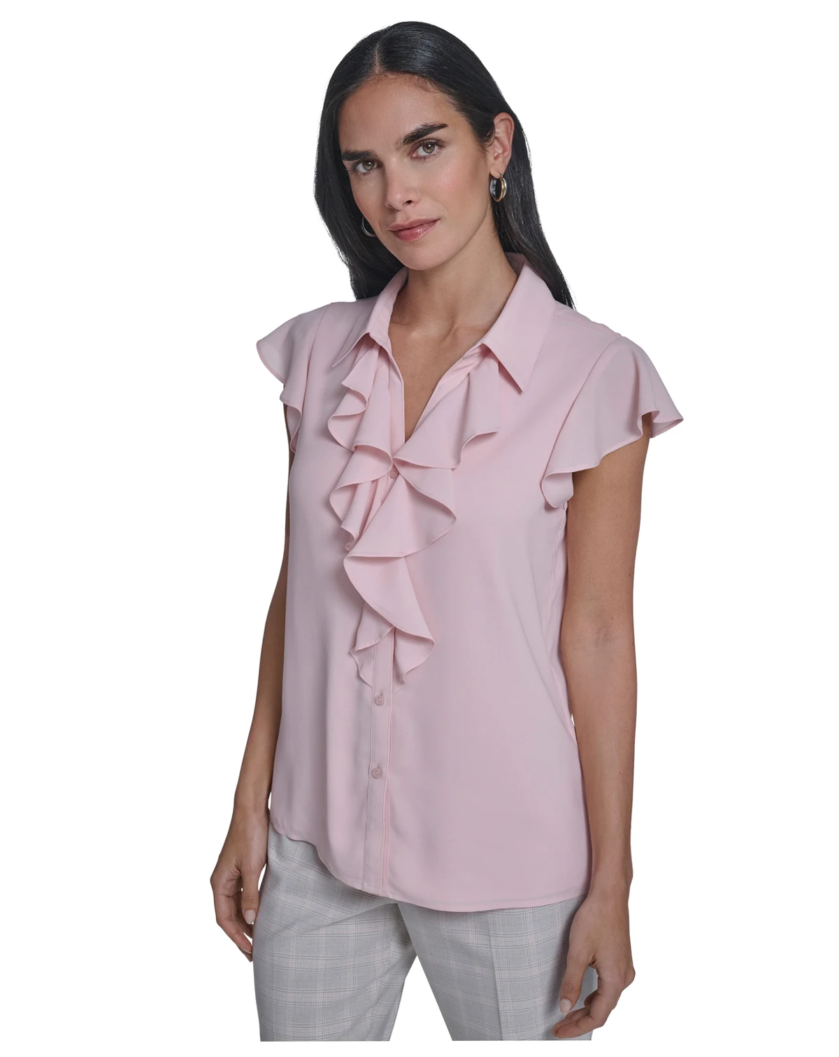Women's Solid Cap-Sleeve Ruffle Front Top