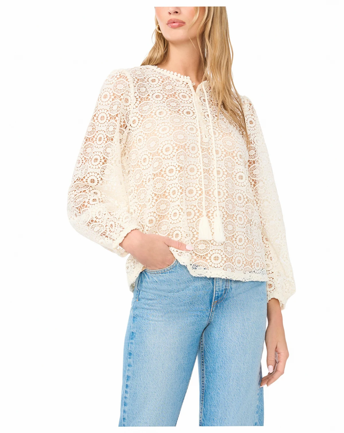 Women's Circle Lace Tassel Trim Long-Sleeve Top