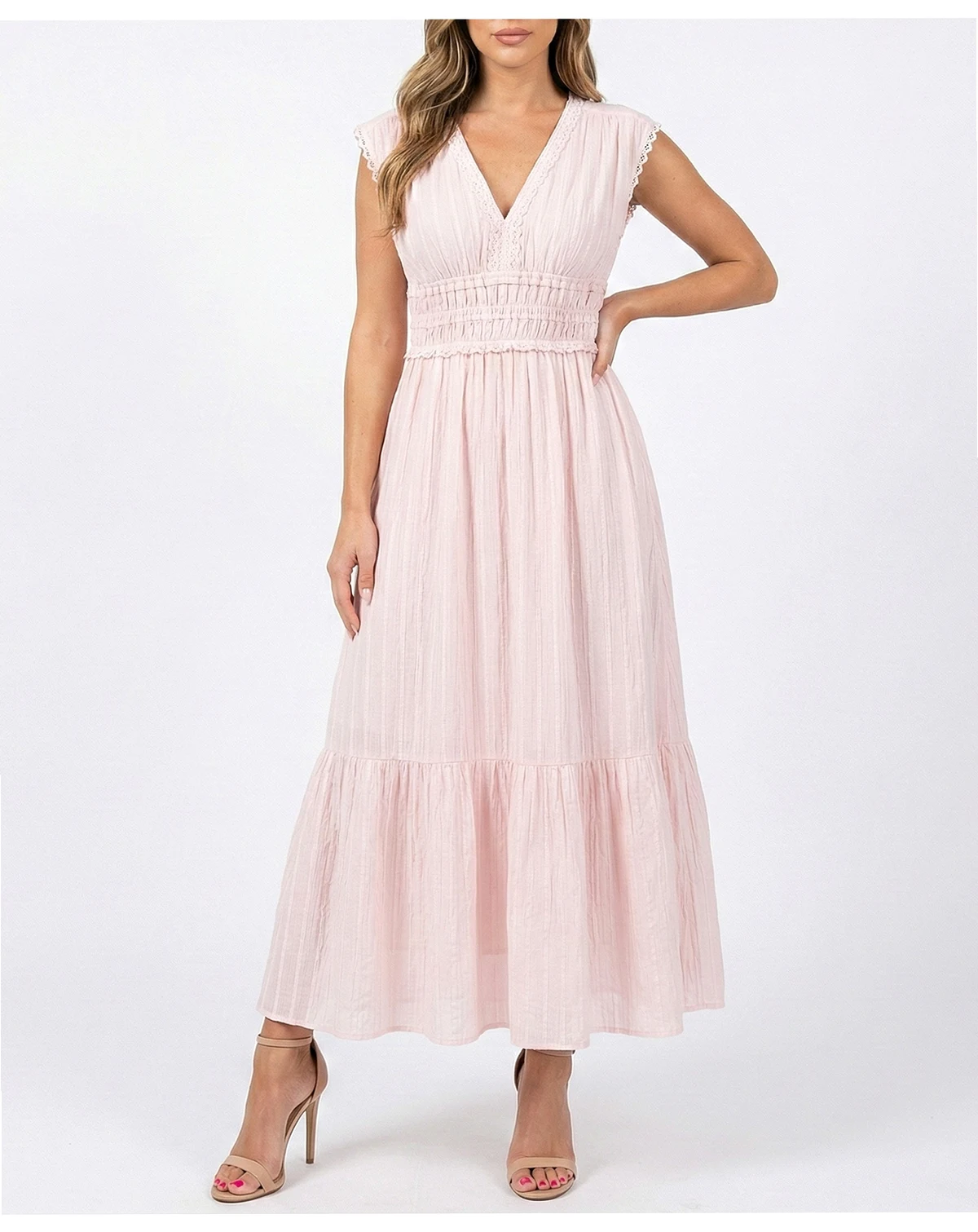 Women's Lace Trim Smocked Waist V-Neck Dress