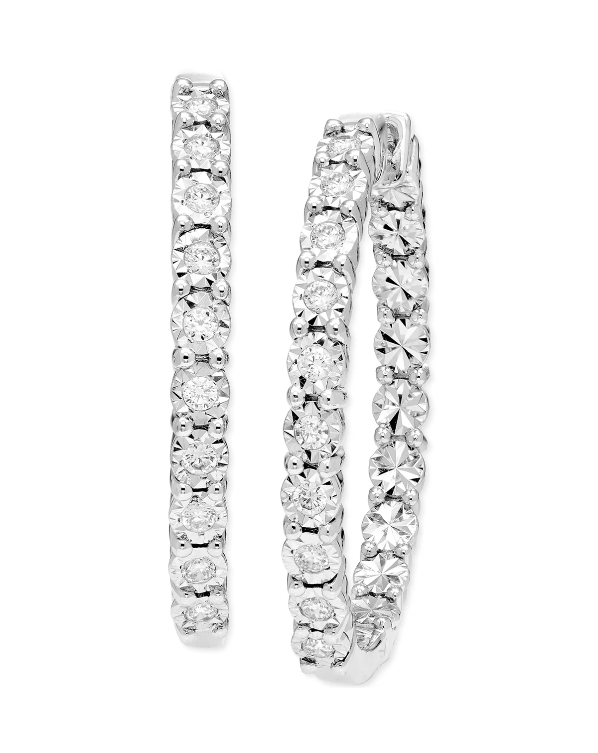 Diamond Sunray Textured Medium Hoop Earrings (1/2 ct. t.w.) in Sterling Silver. 1.3"