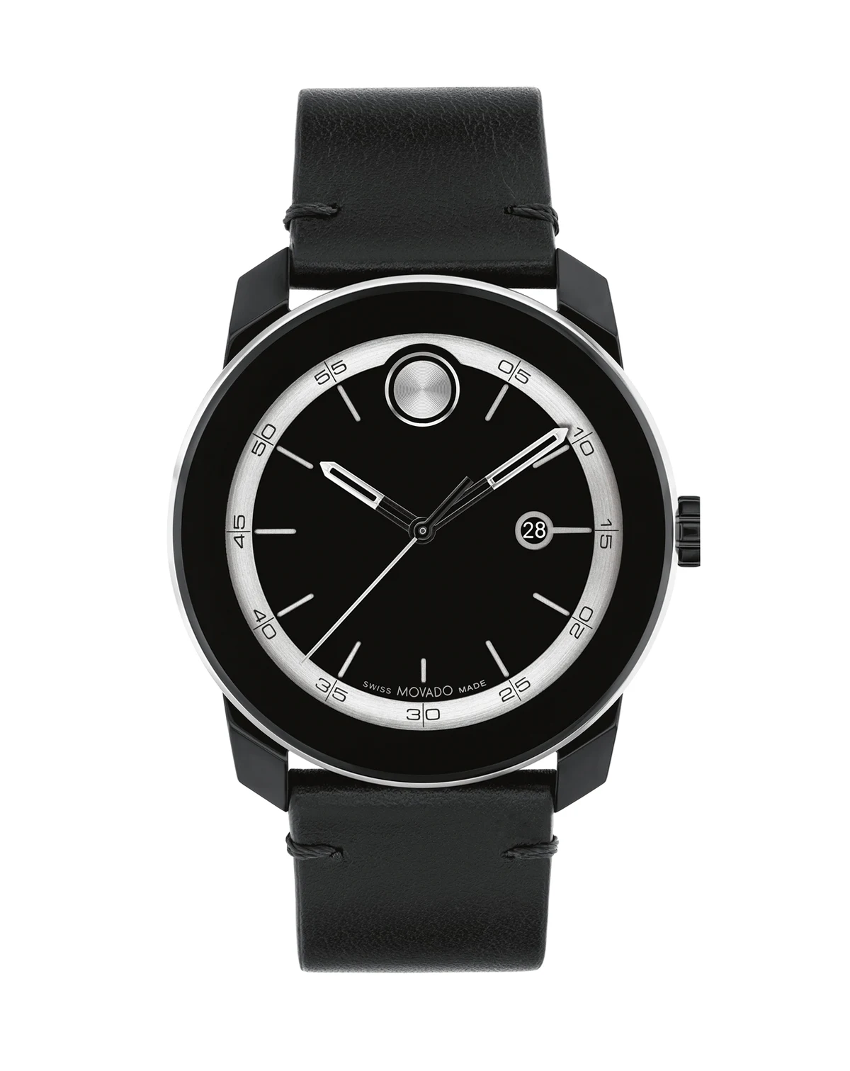 Men's Bold TR90 Swiss Quartz Black Leather Watch 42mm