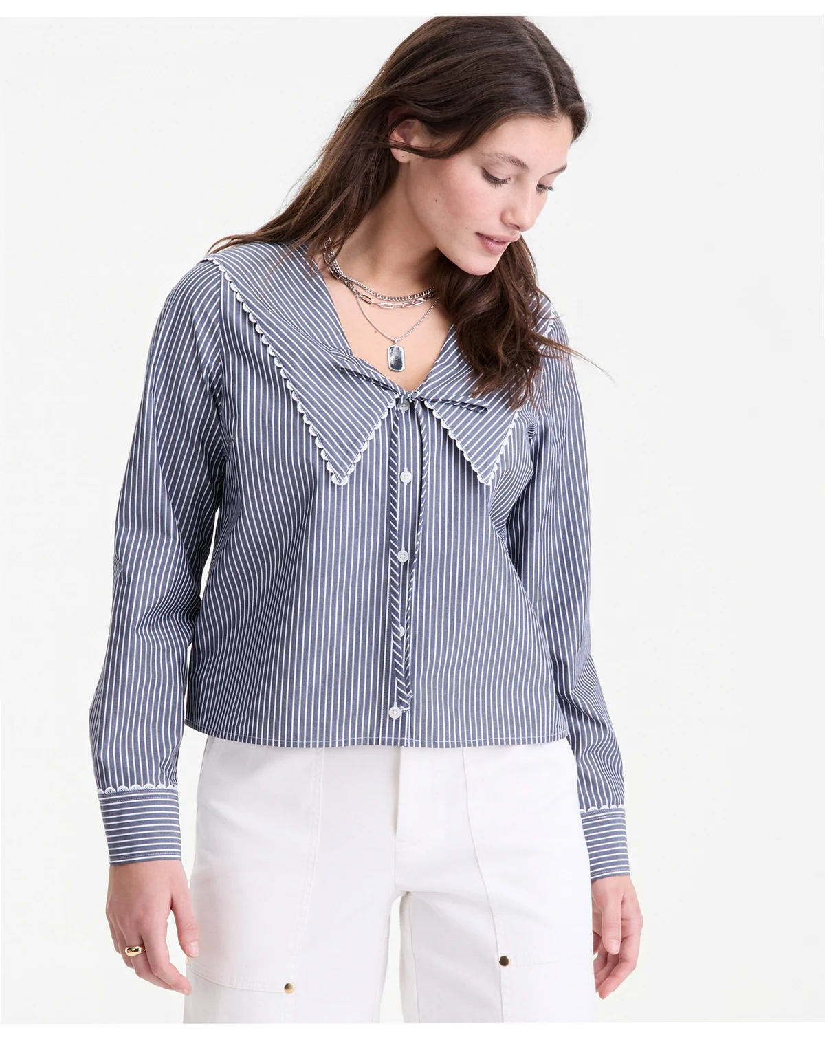 Women's Lace Trim Sailor Collar Long-Sleeve Blouse, Macy's Exclusive