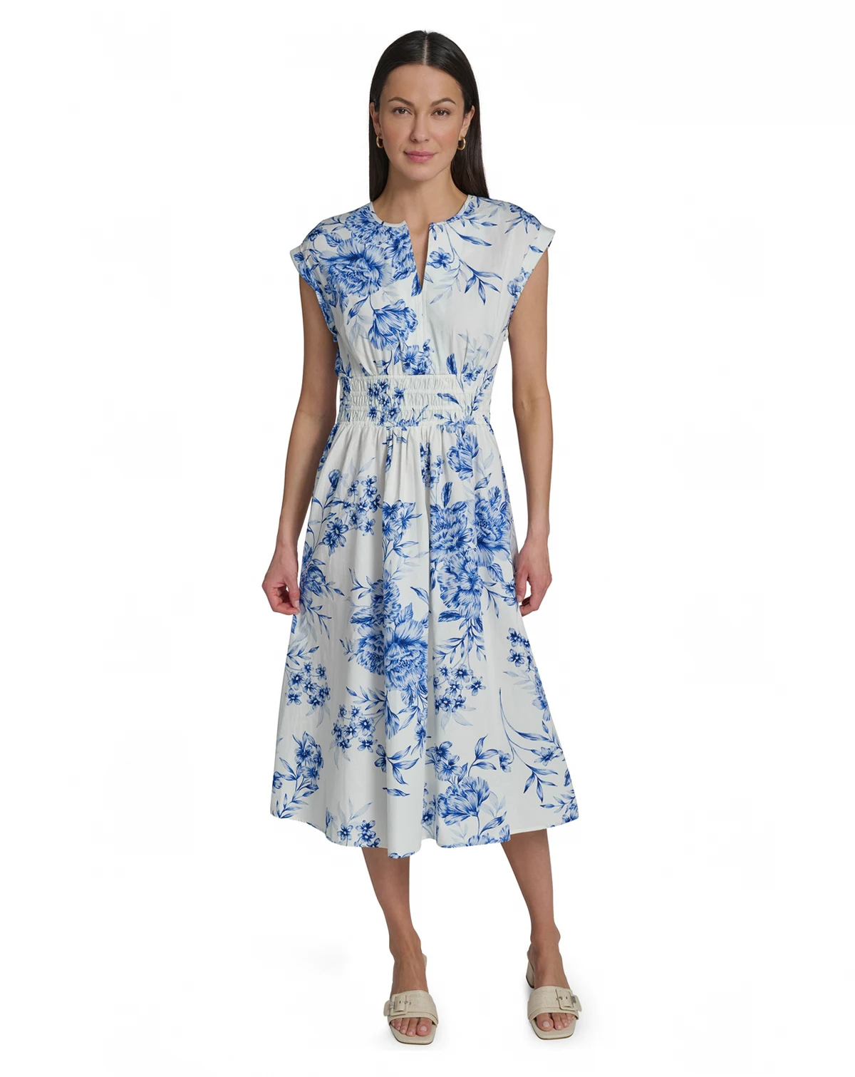 Women's Floral Smocked V-Neck A-Line Midi Dress