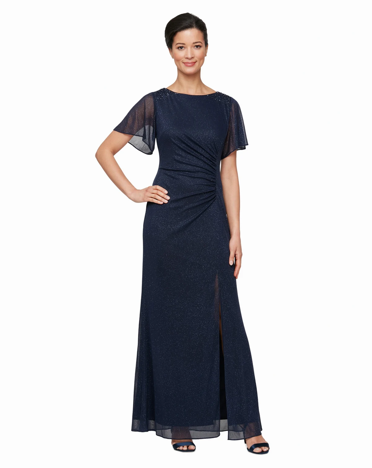 Petite Flutter-Sleeve Embellished Glitter Gown