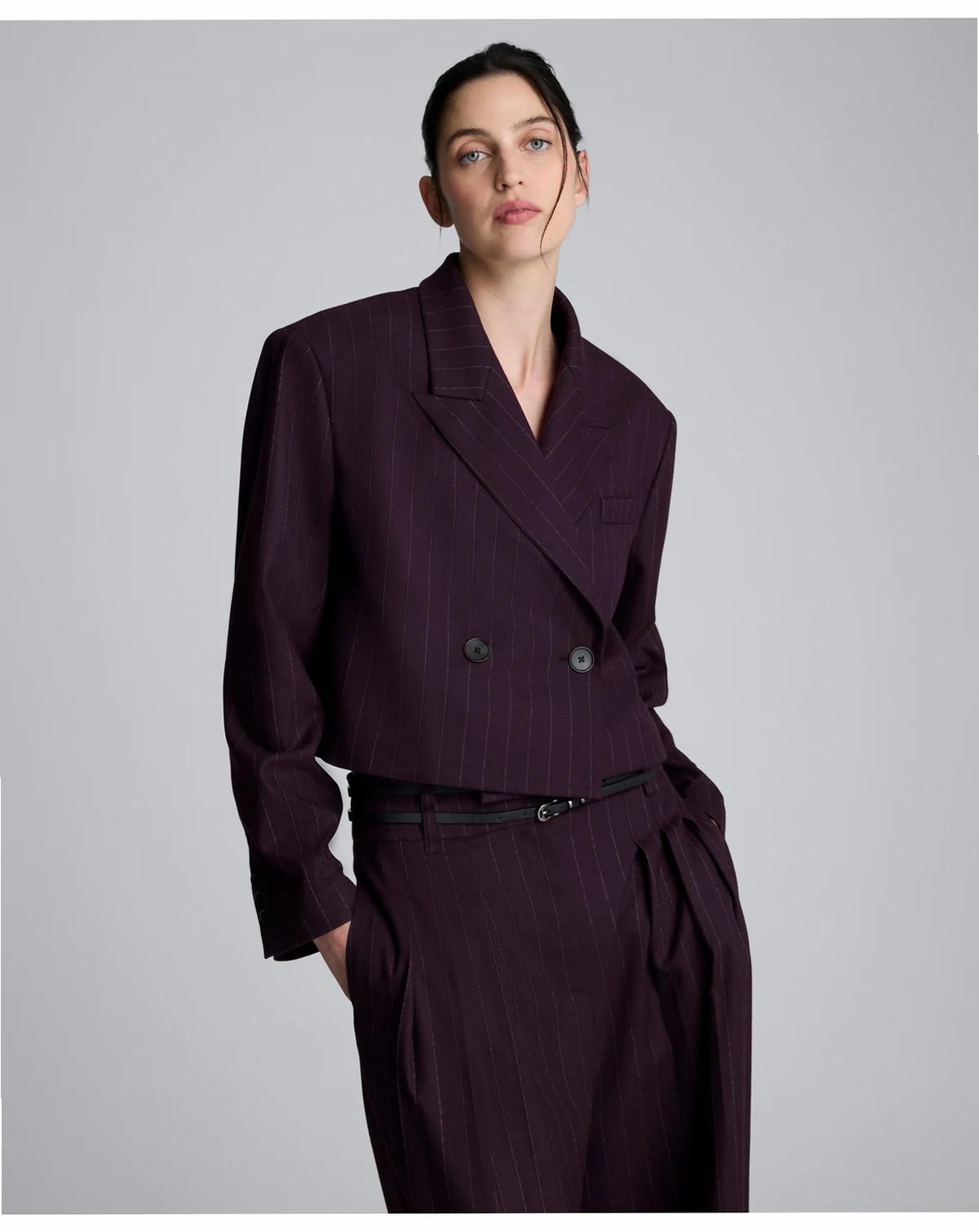 Women’s Cropped Pinstripe Double Breasted Blazer