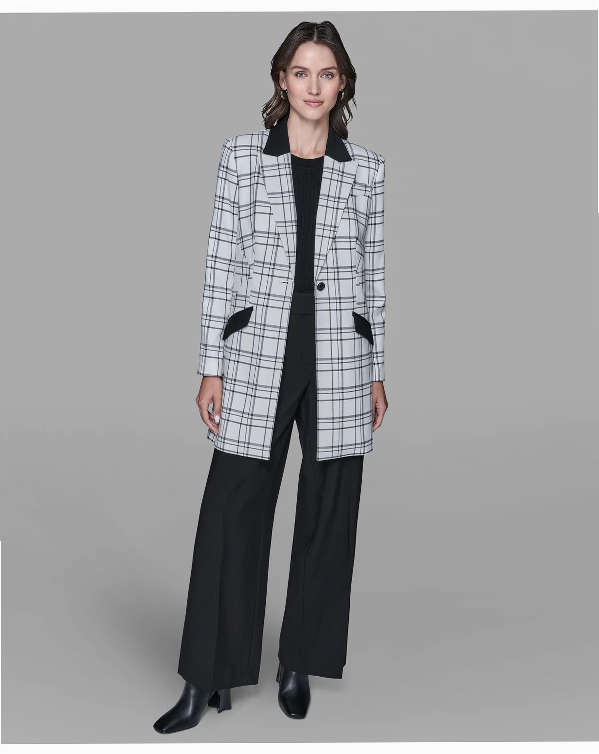 Women's One-Button Checkered Contrast Long Topper Blazer