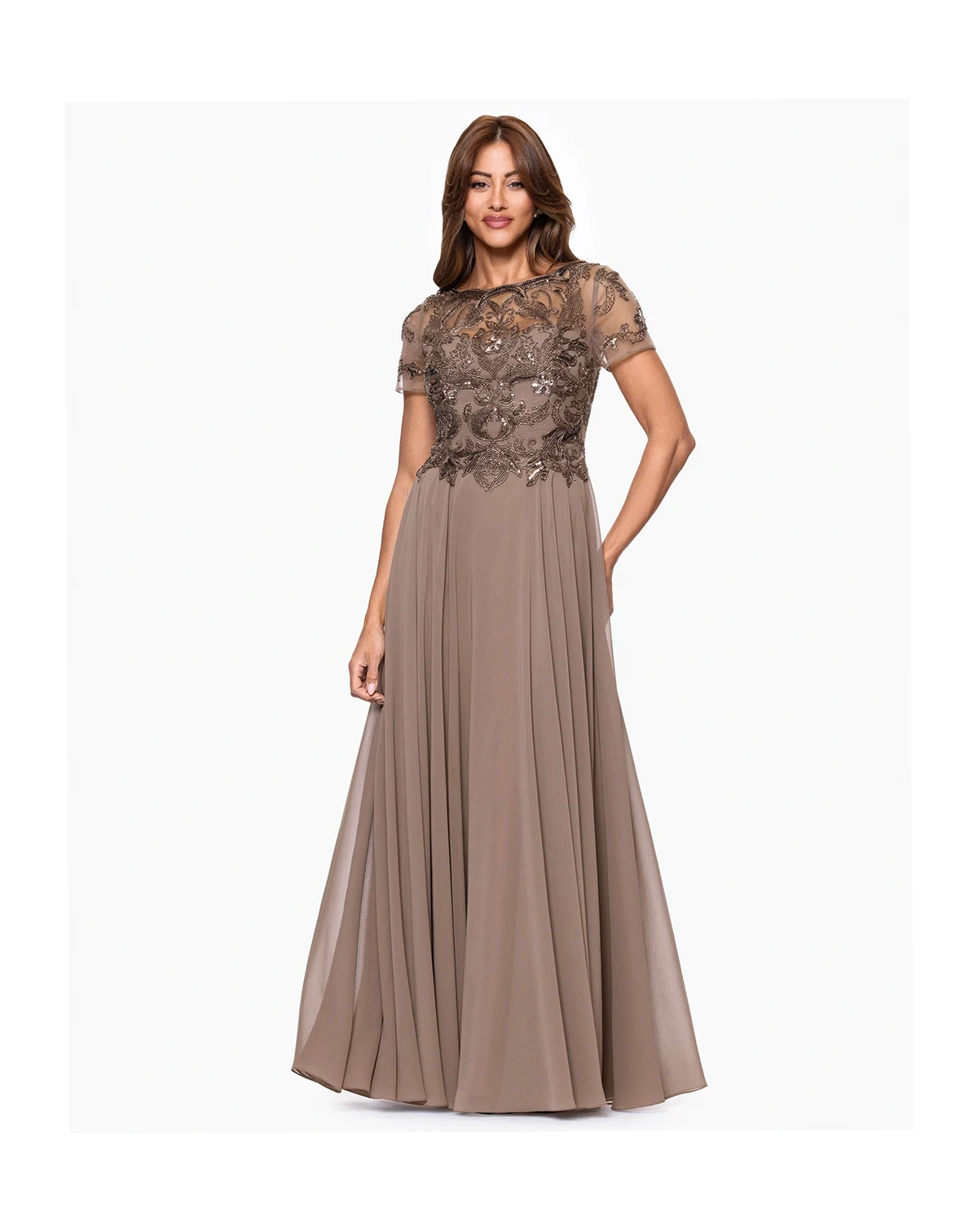 Petite Beaded Mesh Long Dress