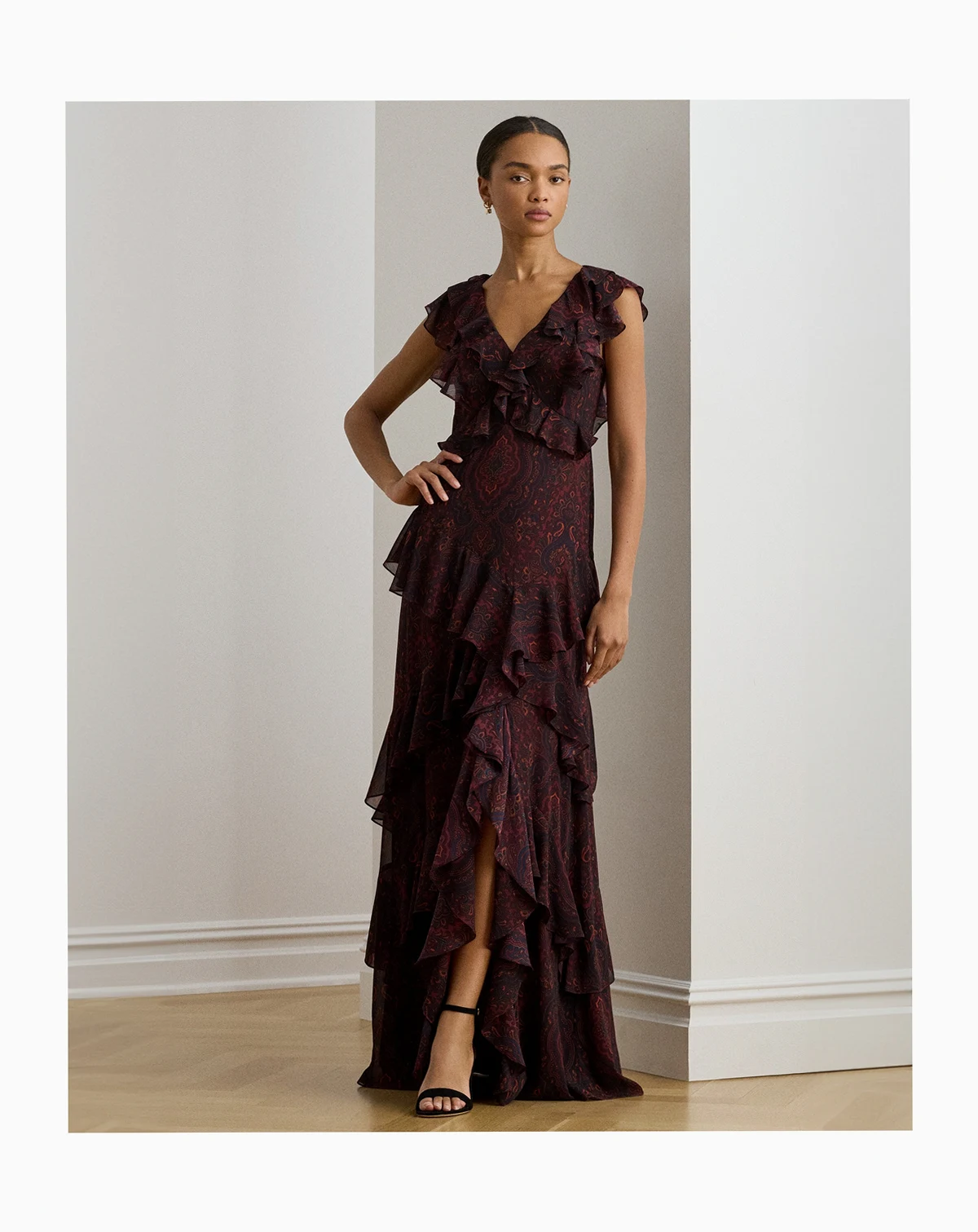 Women's Paisley Ruffle-Trim Georgette Gown