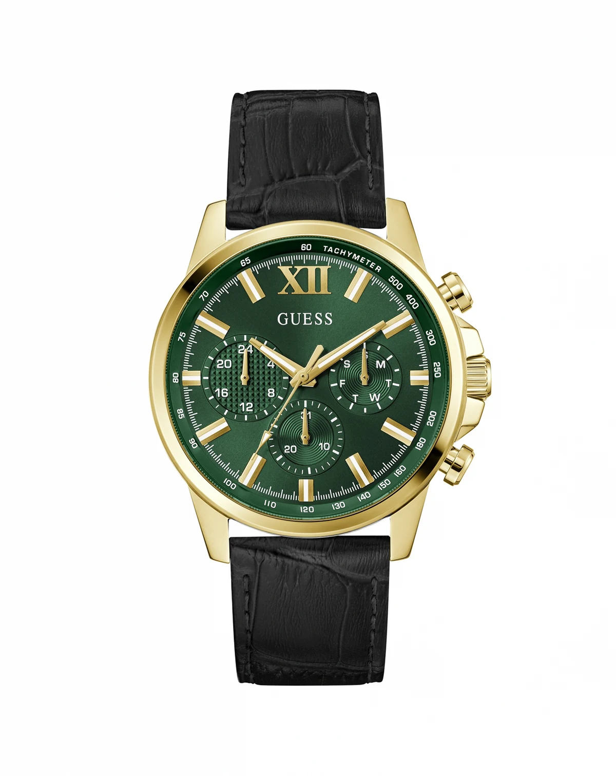 Men's Multifunction Black Genuine Leather Watch, 44mm