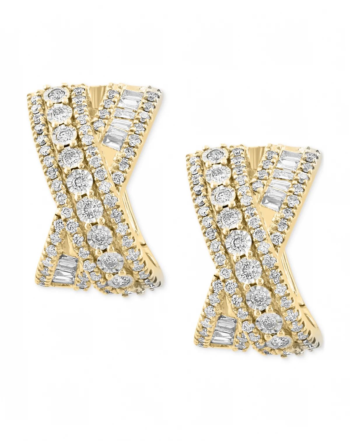 EFFY® Diamond Round & Baguette Crossover Huggie Hoop Earrings (7/8 ct. t.w.) in 14k Two-Tone Gold