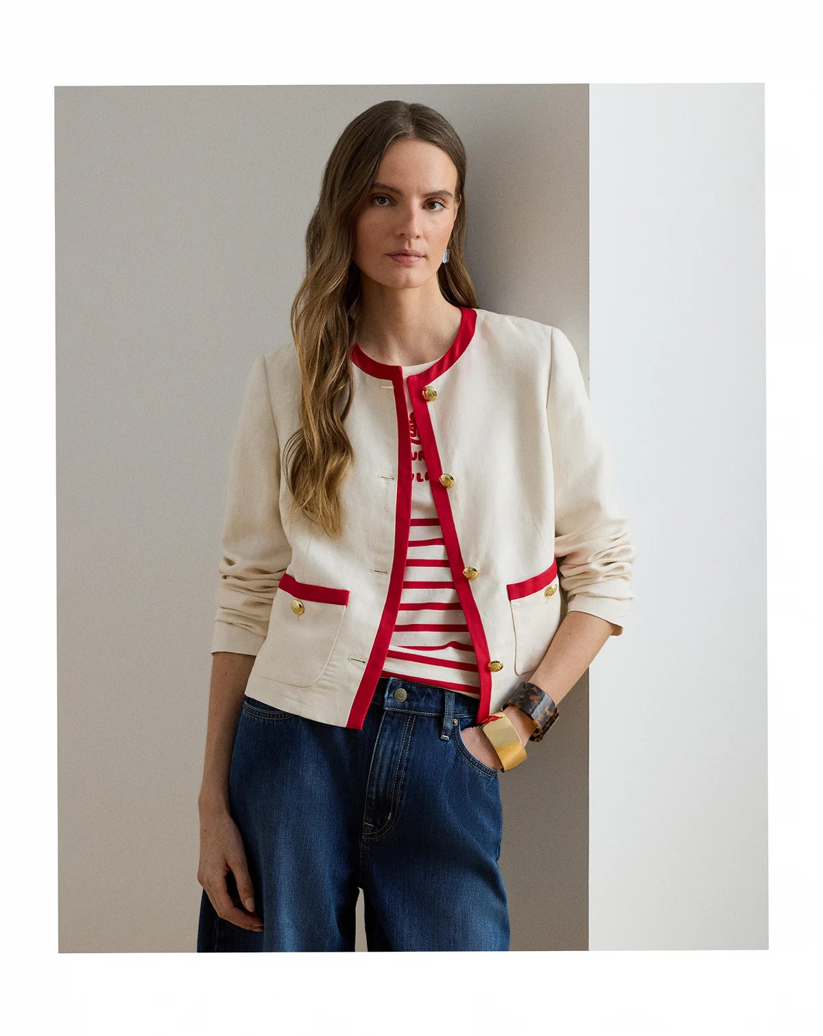 Women's Two-Tone Crewneck Twill Blazer