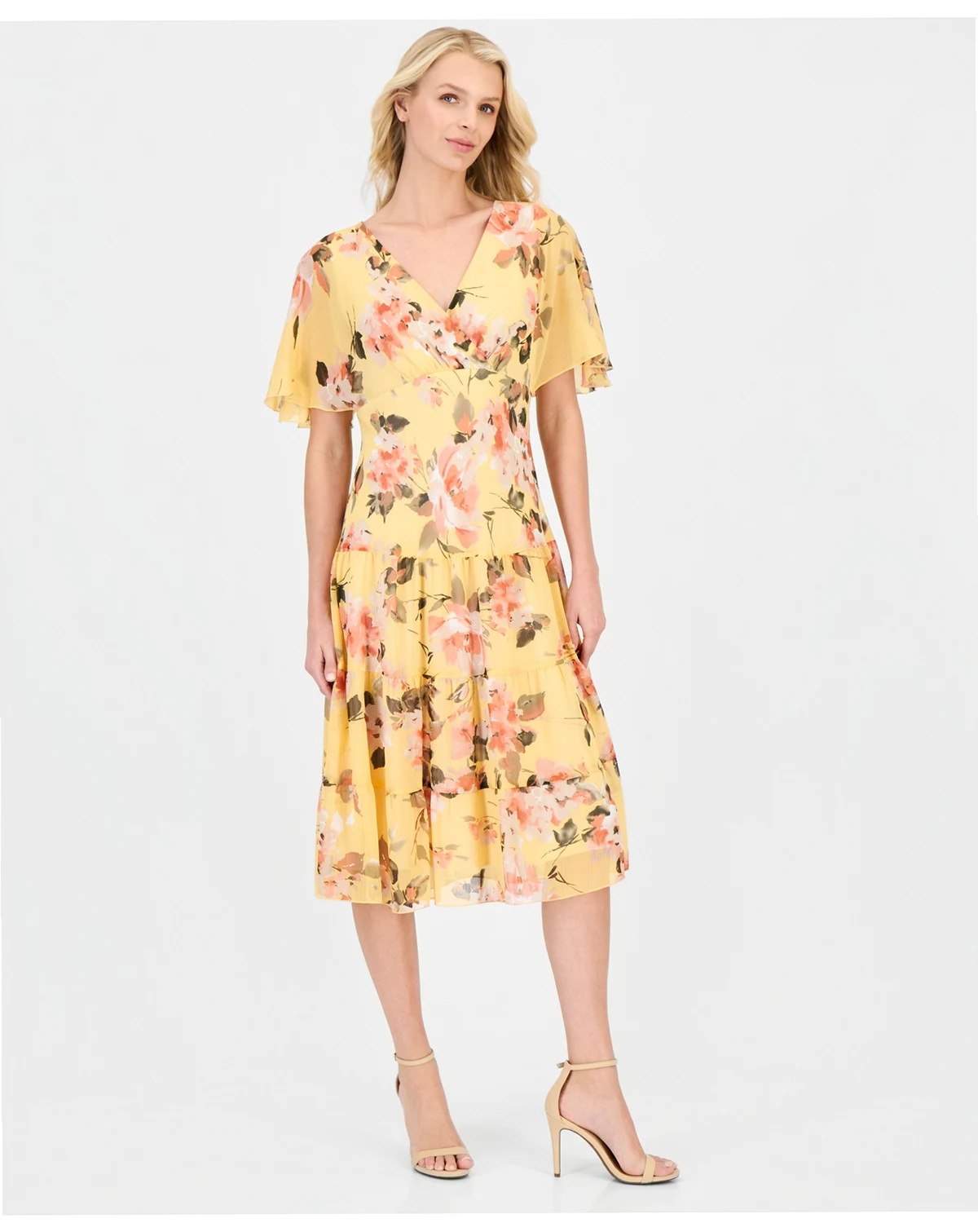 Petite Floral Chiffon Butterfly-Sleeve Dress