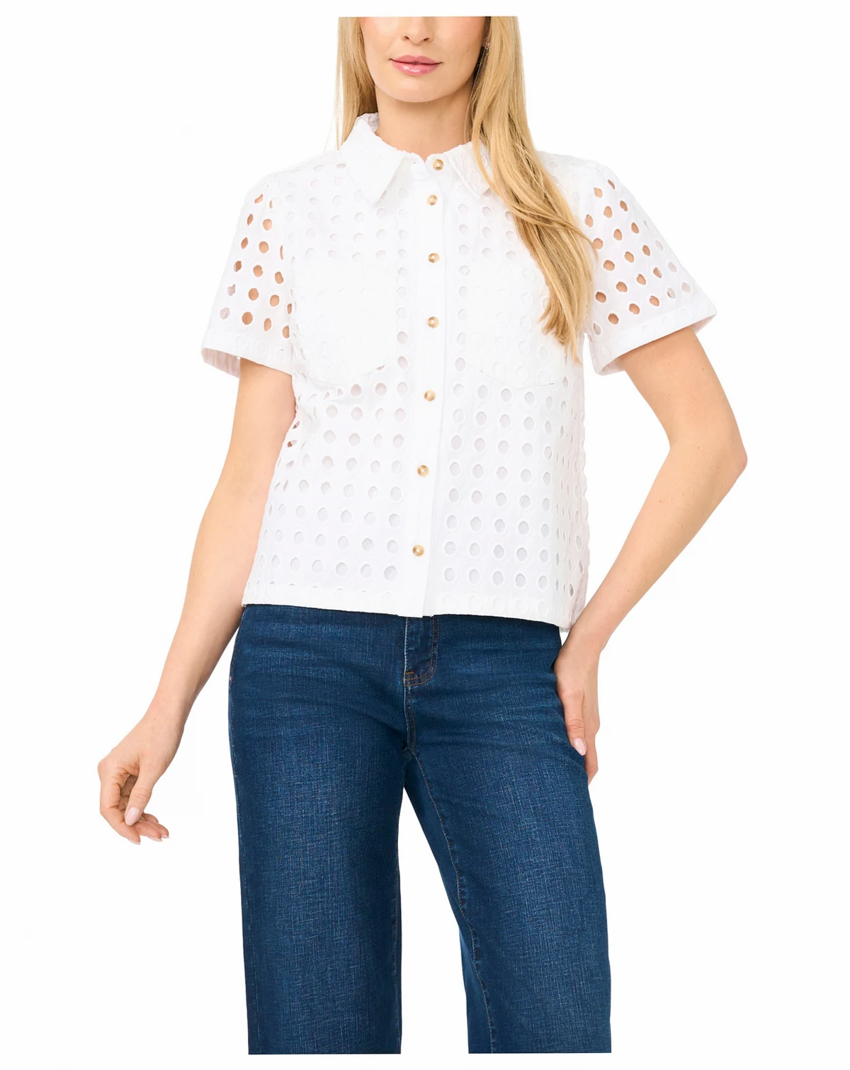 Women's Short Sleeve Eyelet Button-Down Top