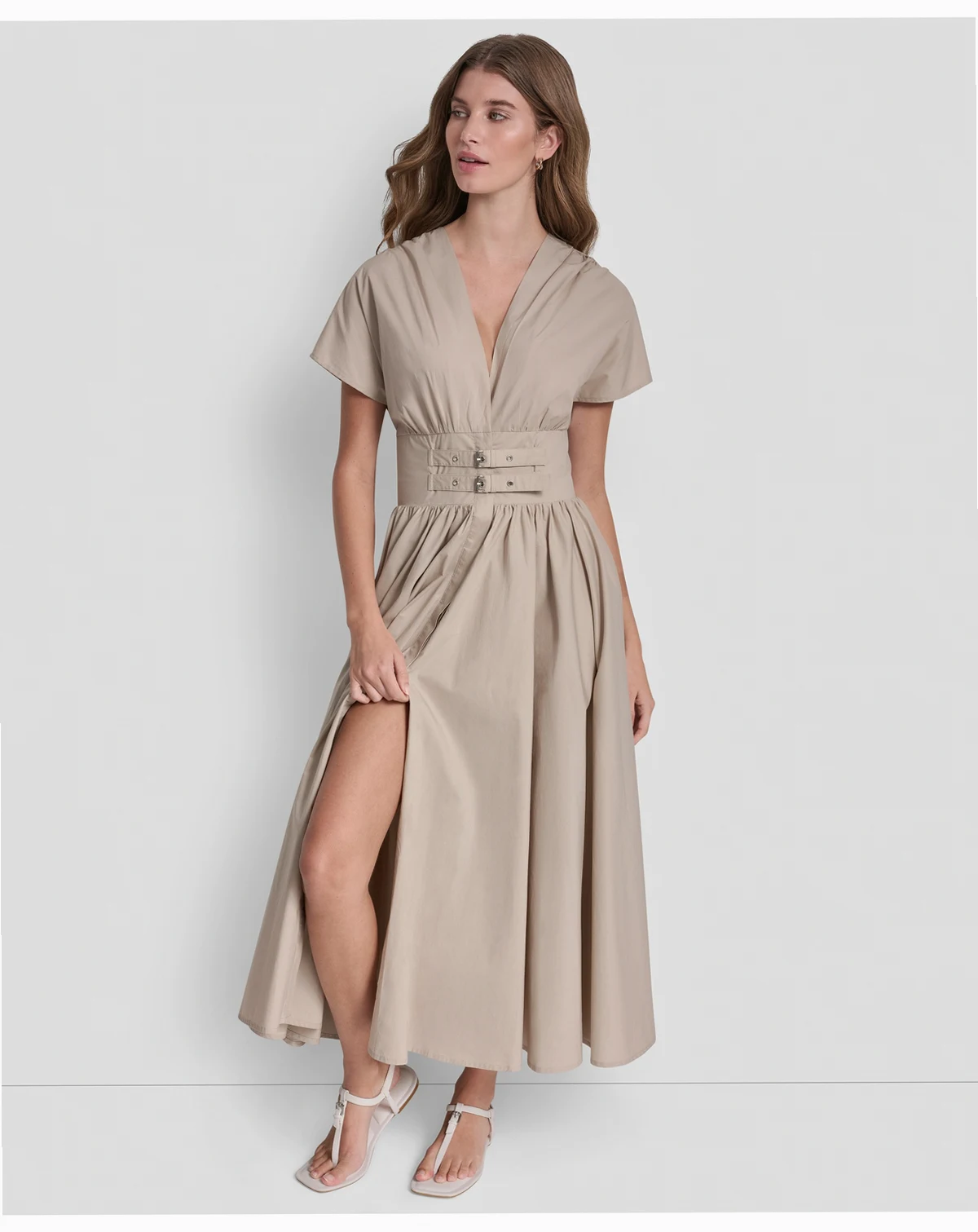 Women's Poplin Smocked-Waist V-Neck Dress