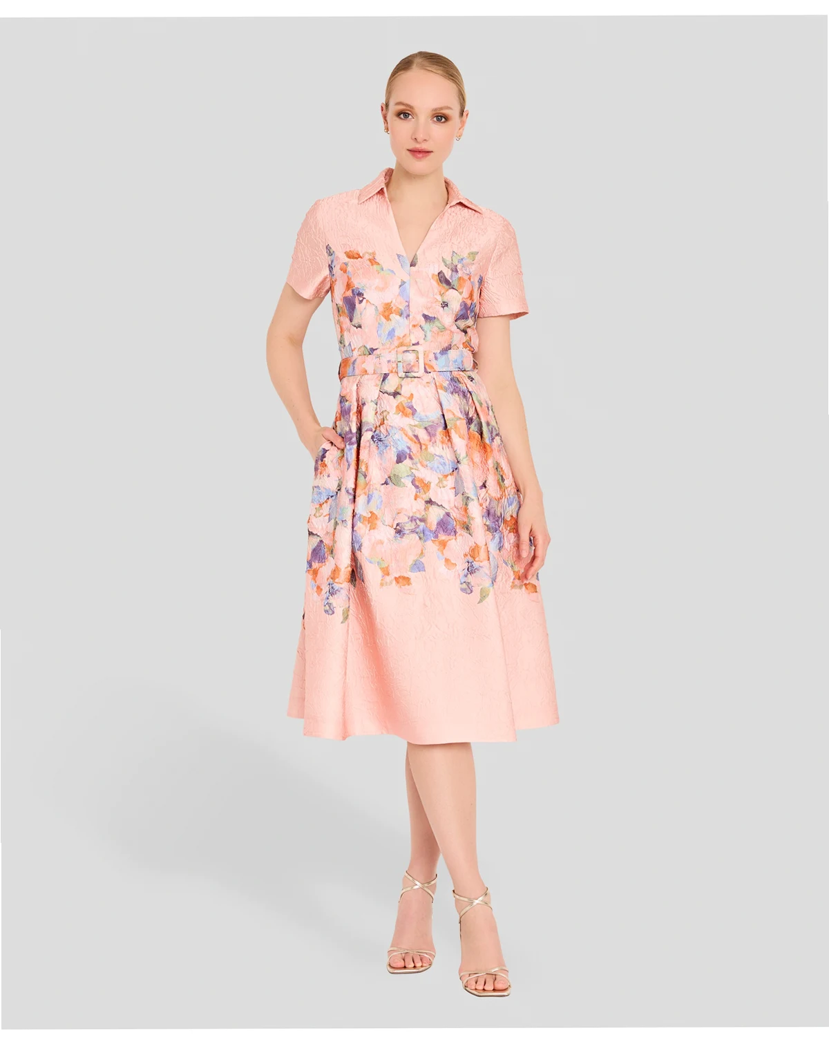 Women's Short-Sleeve Floral Belted Midi Dress