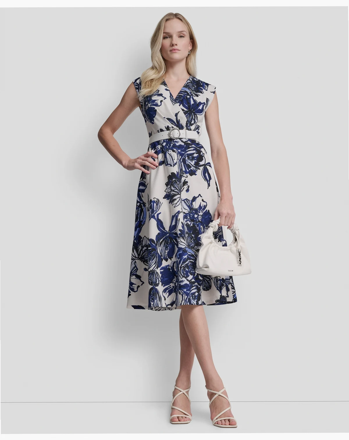 Women's Cap-Sleeve Surplice Neck Belted Midi Dress
