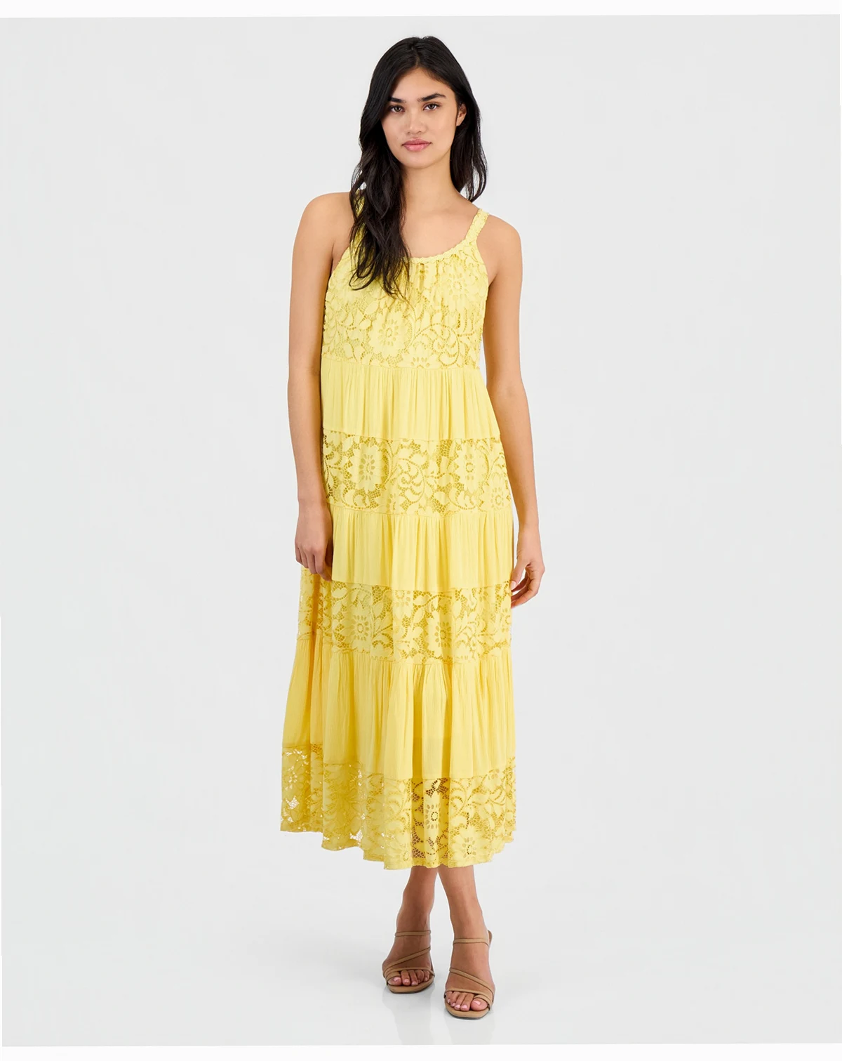 Petite Lace-Trim Sleeveless Tiered Midi Dress