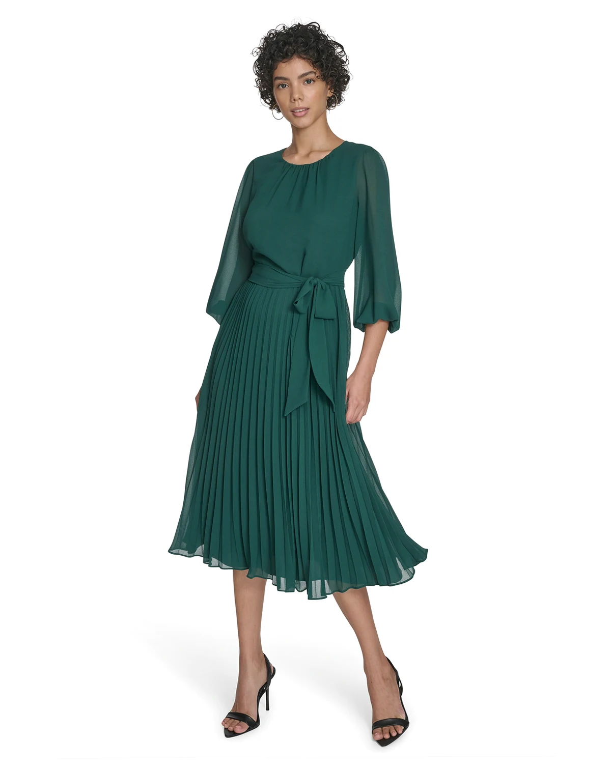 Petite Balloon Sleeve Shirred Neck Pleated Skirt Belted Midi Dress