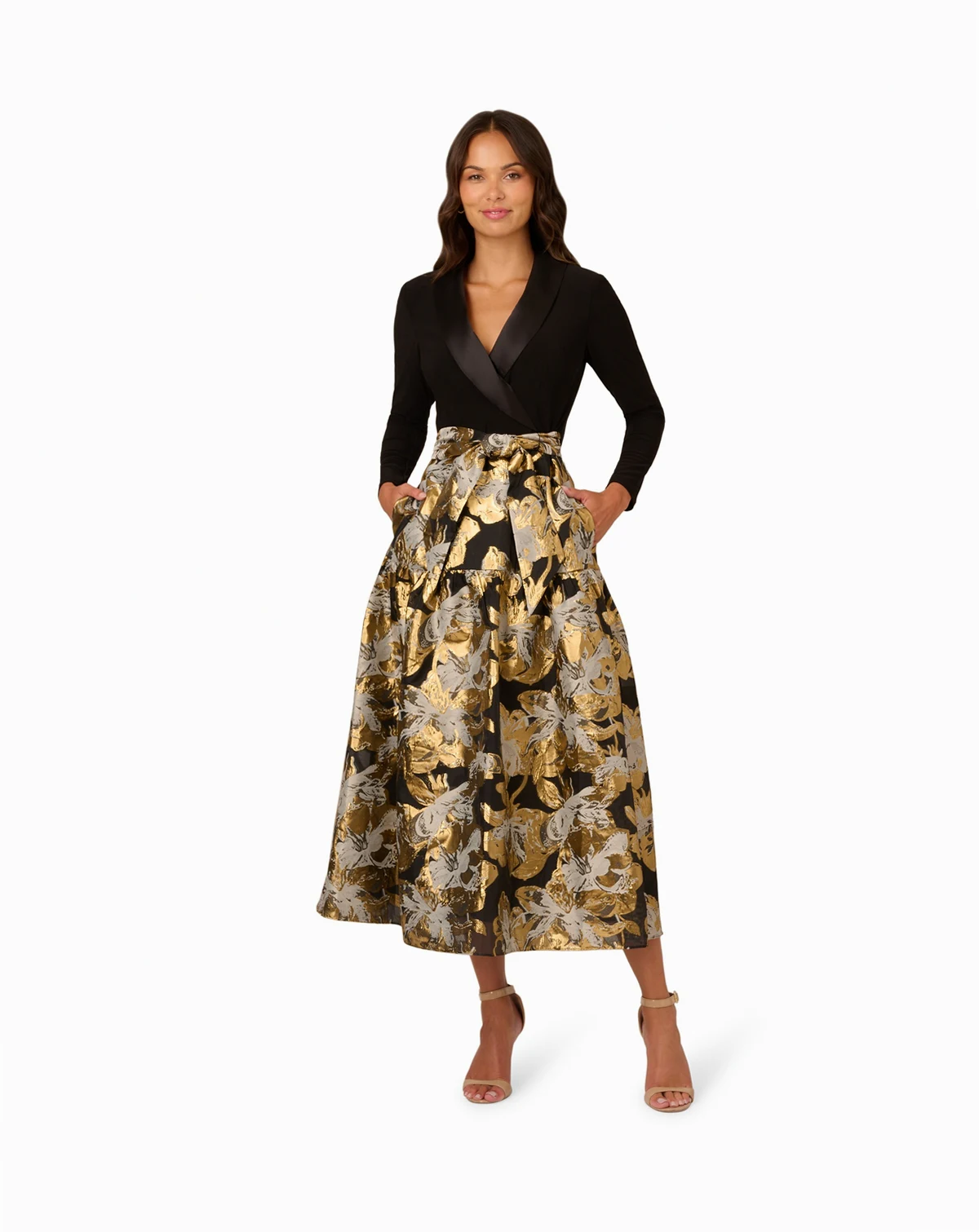 Petite Combo Floral Long-Sleeve Jacquard Dress