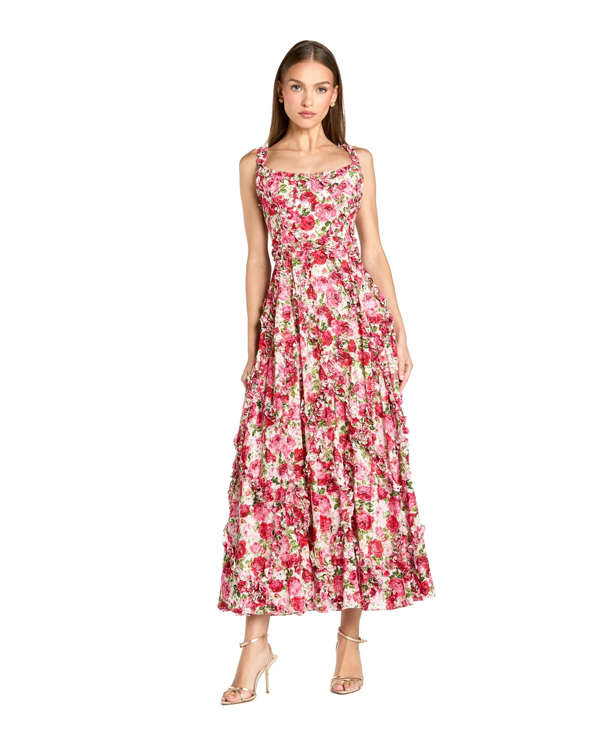 Women's Petite Floral Cotton Ruffle Square Neck Ankle Dress