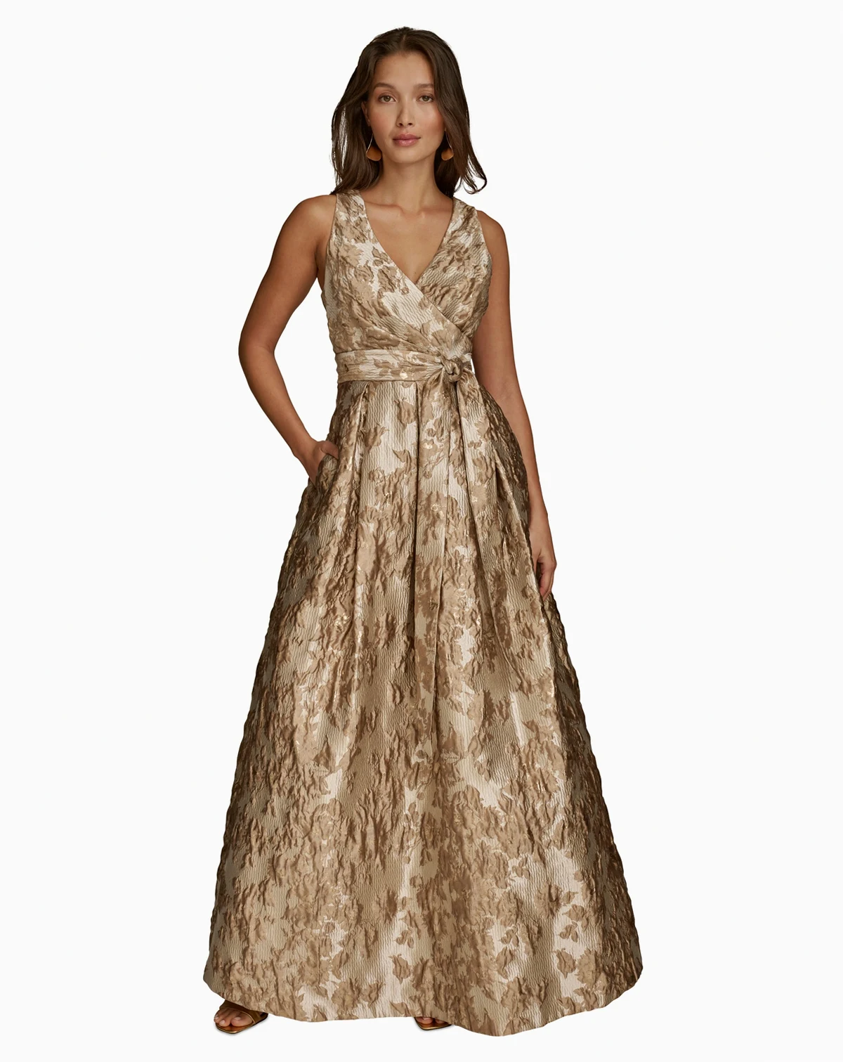 Petite Sleeveless Metallic Brocade V-Neck Ball Gown